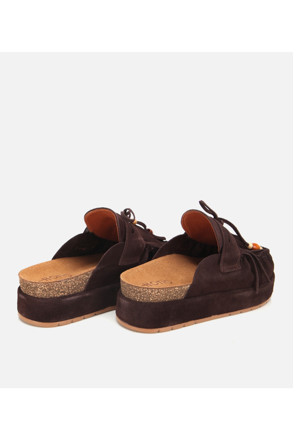 Kadın Süet Deri Kahverengi Püsküllü Kalın Tabanlı Terlik - Görsel 4