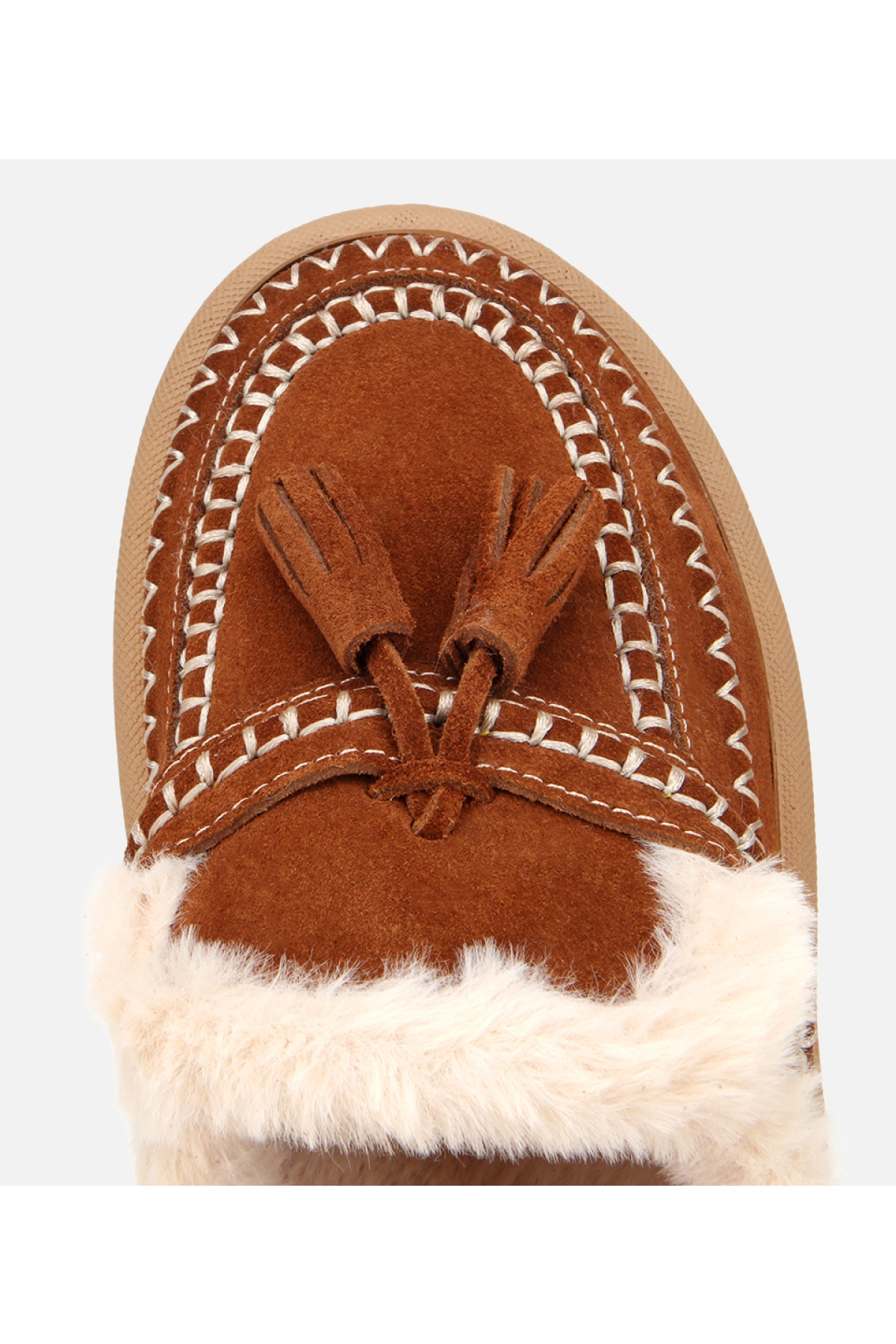 Kadın Süet Deri Kahverengi İçi Kürklü Püskül Detaylı Düz Terlik - Görsel 6