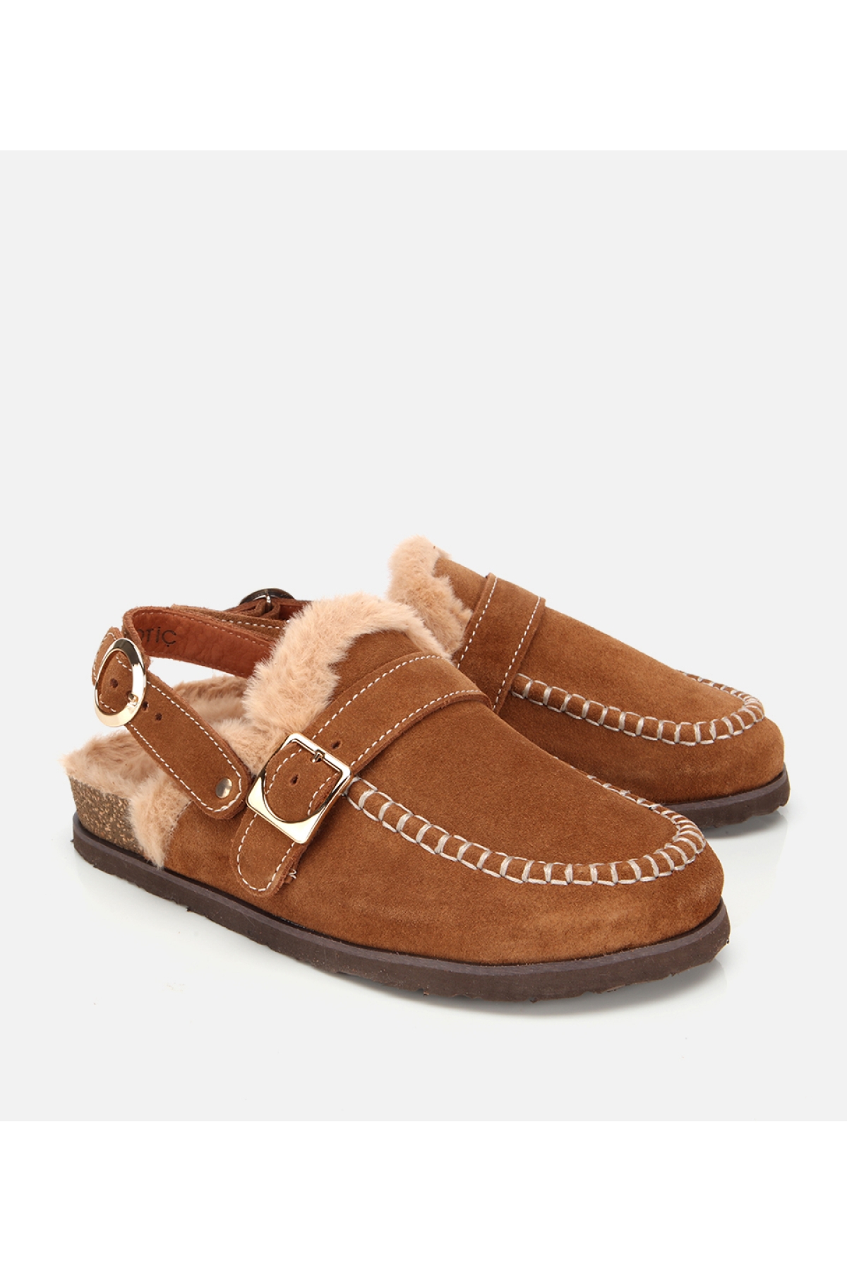 Kadın Süet Deri Taba İçi Kürklü Sabo Terlik - Görsel 2