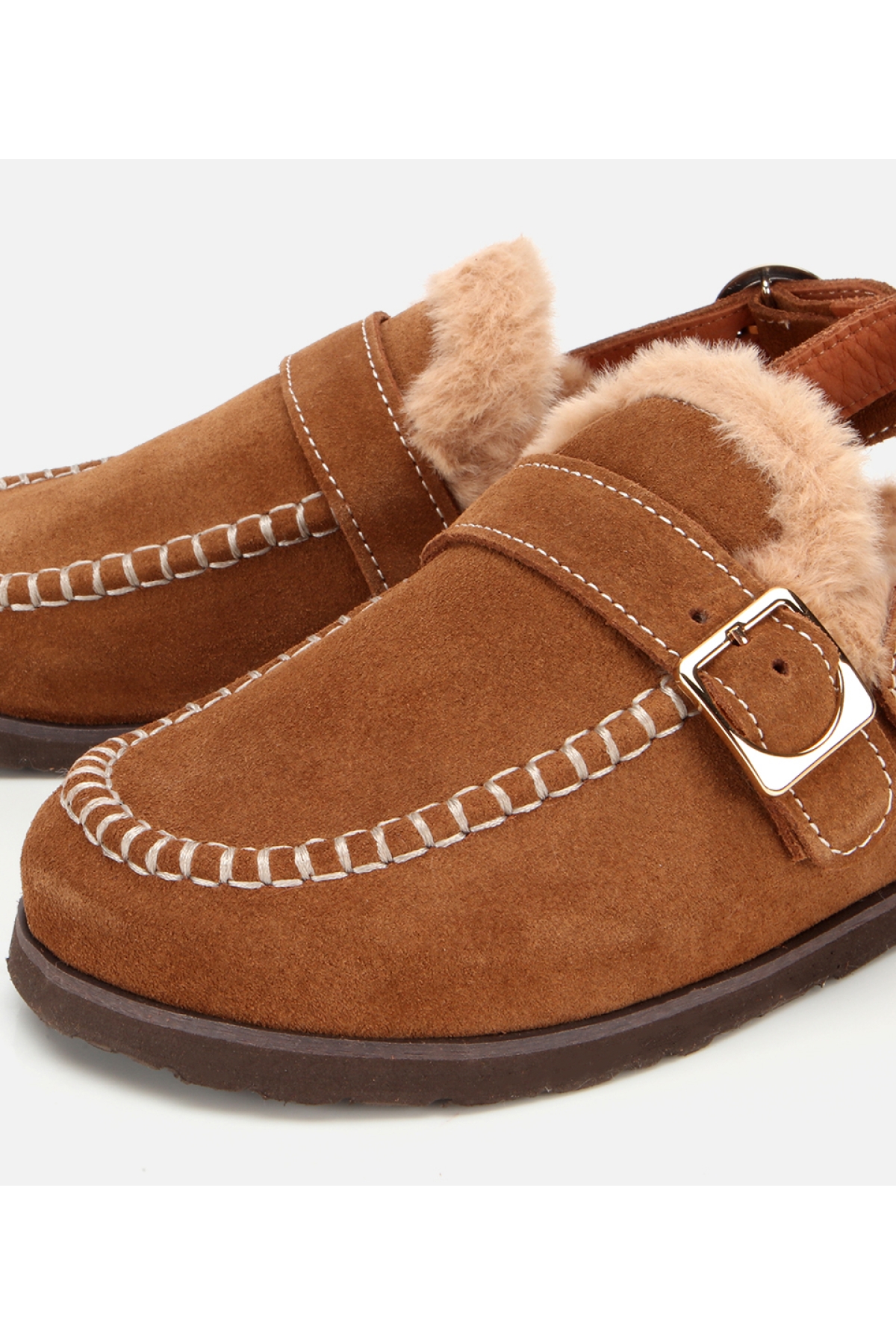 Kadın Süet Deri Taba İçi Kürklü Sabo Terlik - Görsel 3