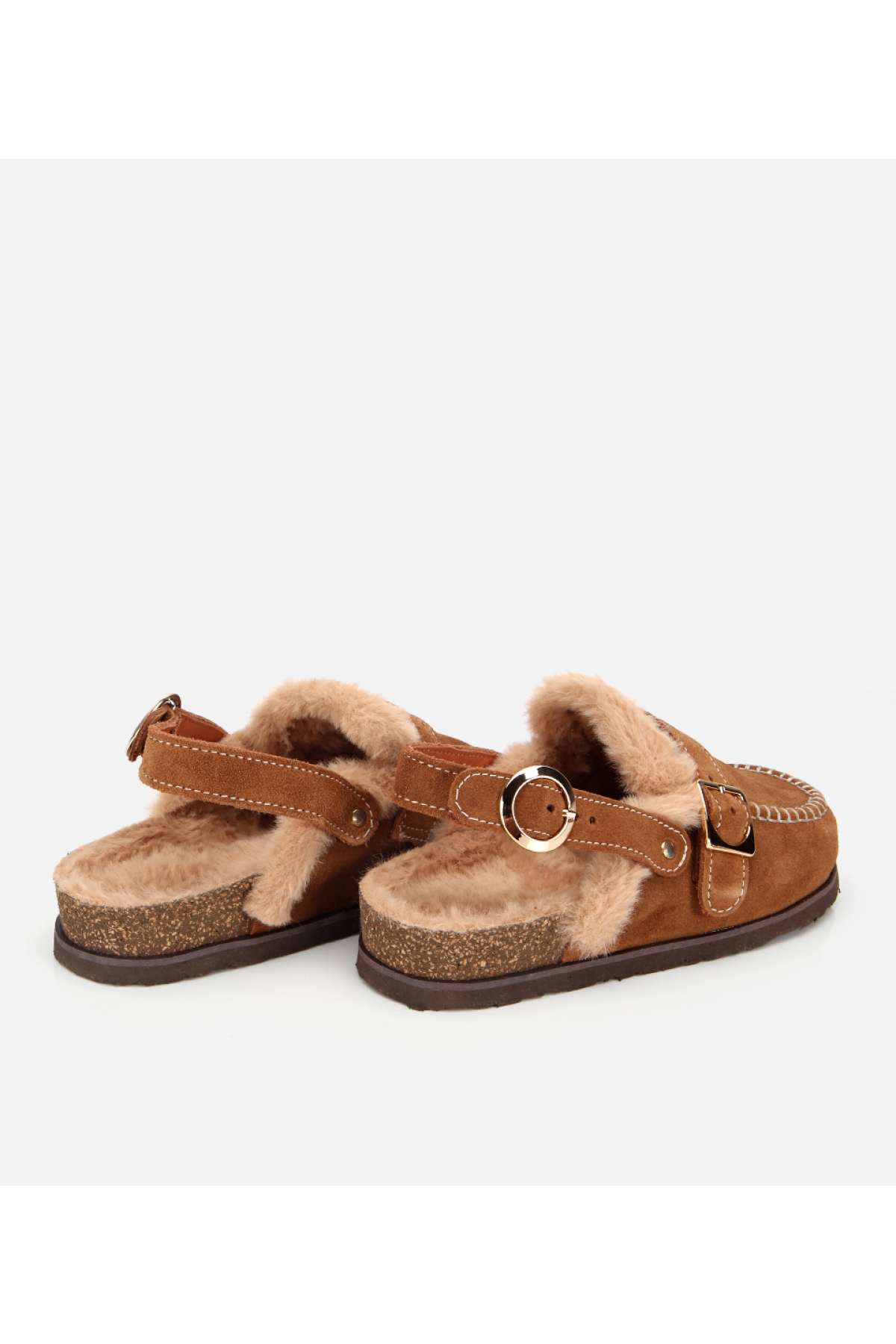 Kadın Süet Deri Taba İçi Kürklü Sabo Terlik - Görsel 4