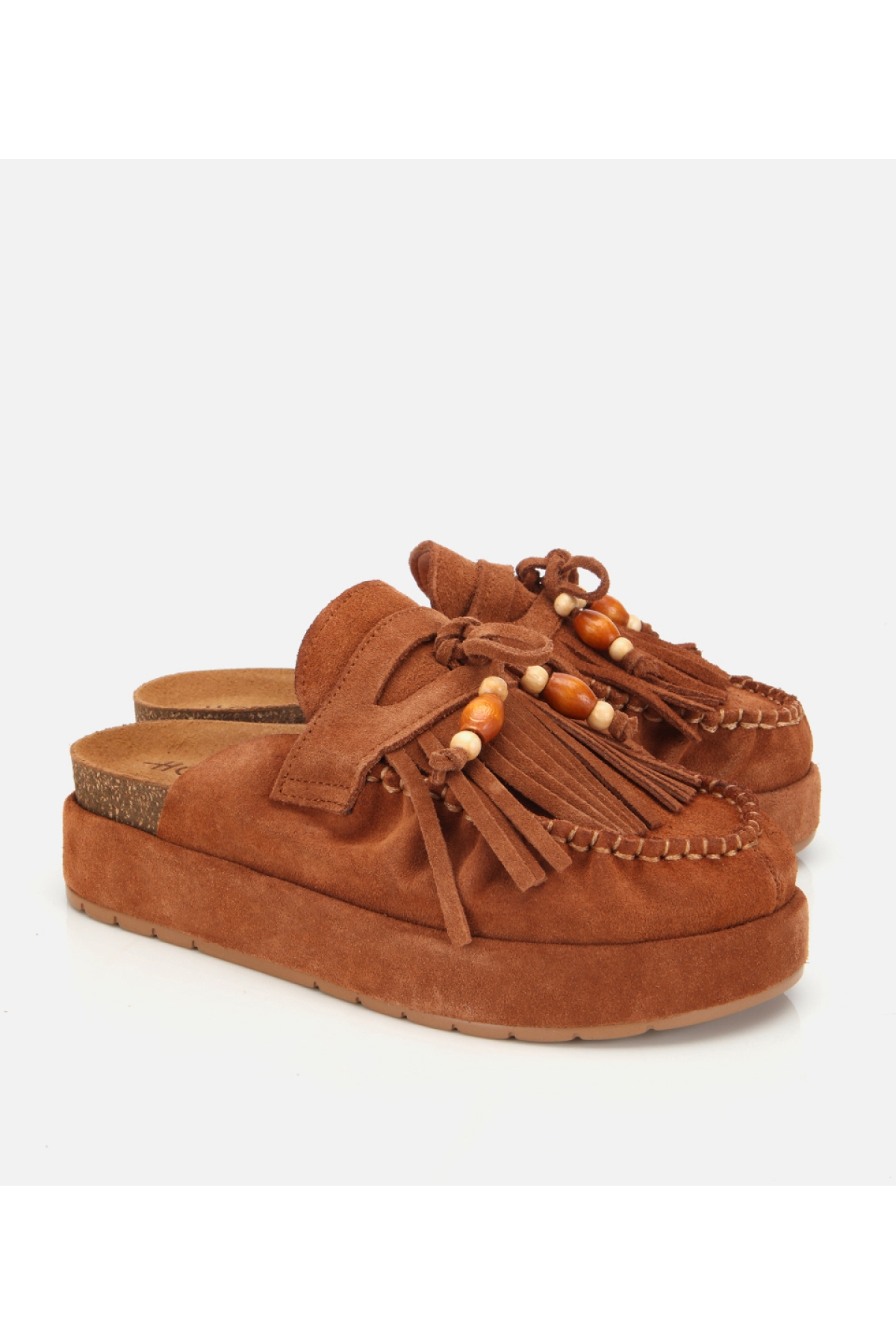 Kadın Süet Deri Taba Püsküllü Kalın Tabanlı Terlik - Görsel 2