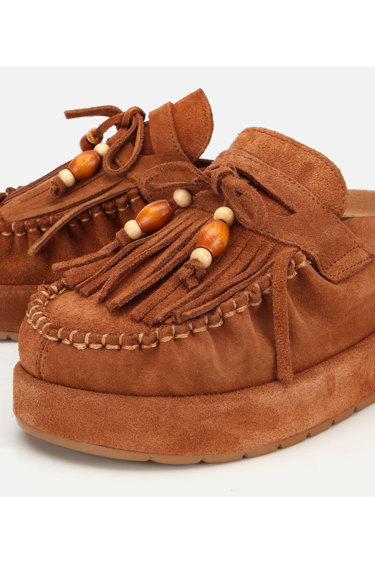 Kadın Süet Deri Taba Püsküllü Kalın Tabanlı Terlik - Görsel 3