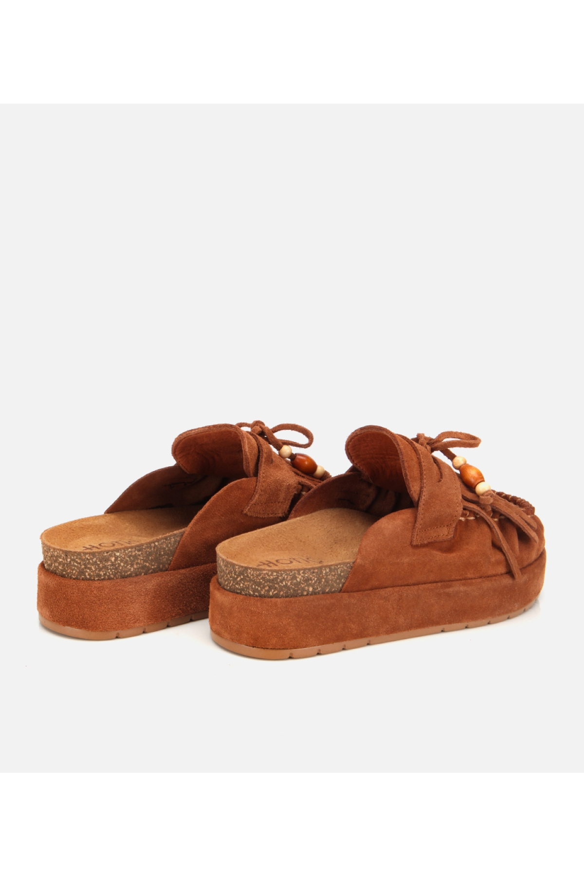 Kadın Süet Deri Taba Püsküllü Kalın Tabanlı Terlik - Görsel 4