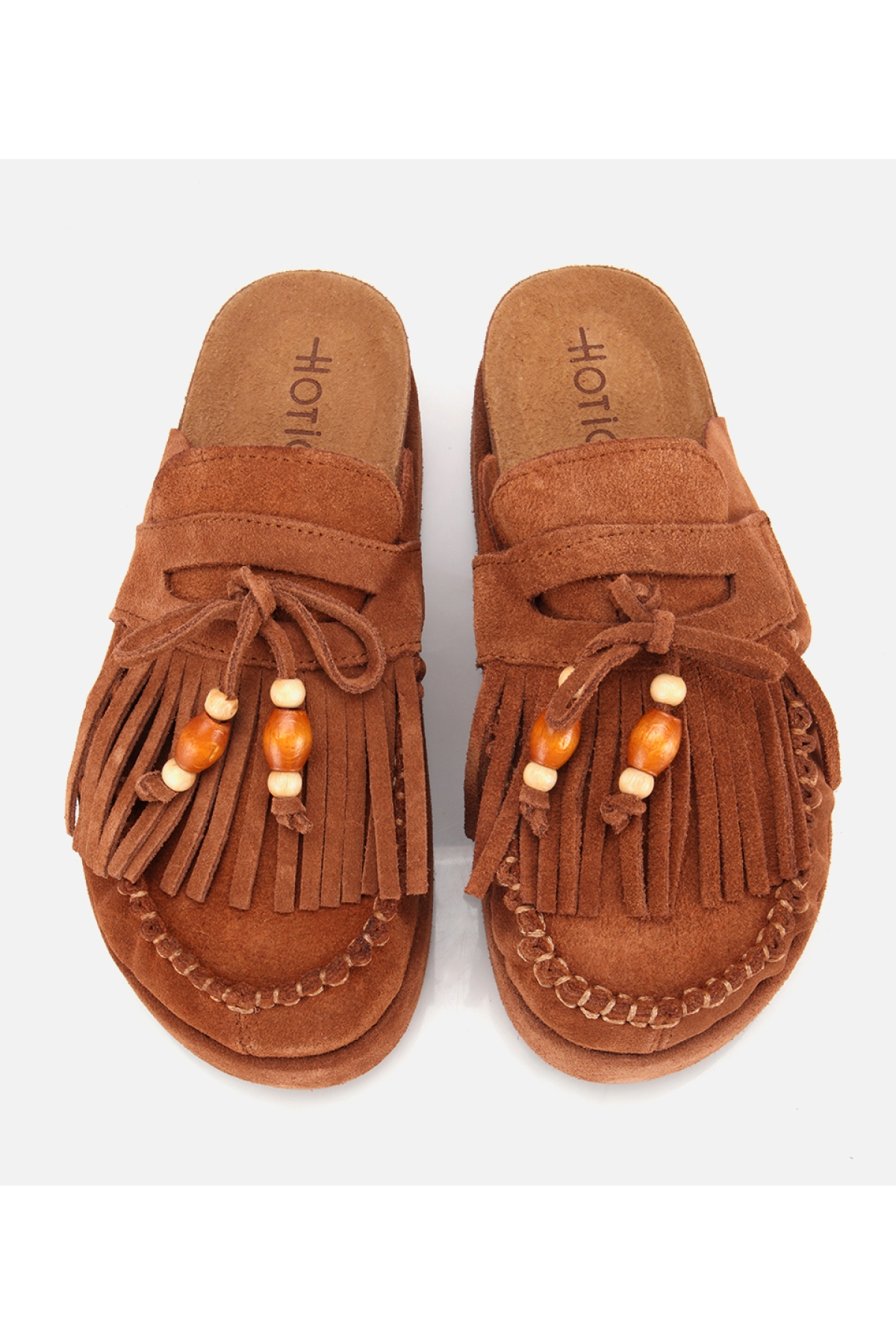 Kadın Süet Deri Taba Püsküllü Kalın Tabanlı Terlik - Görsel 6