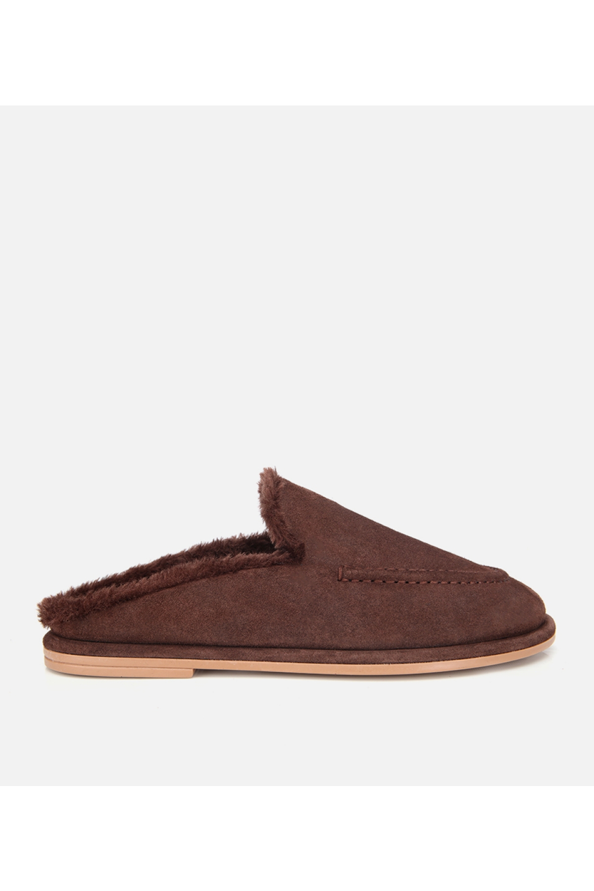 Kadın Süet Deri Kahverengi İçi Kürklü Düz Günlük Terlik - Görsel 2