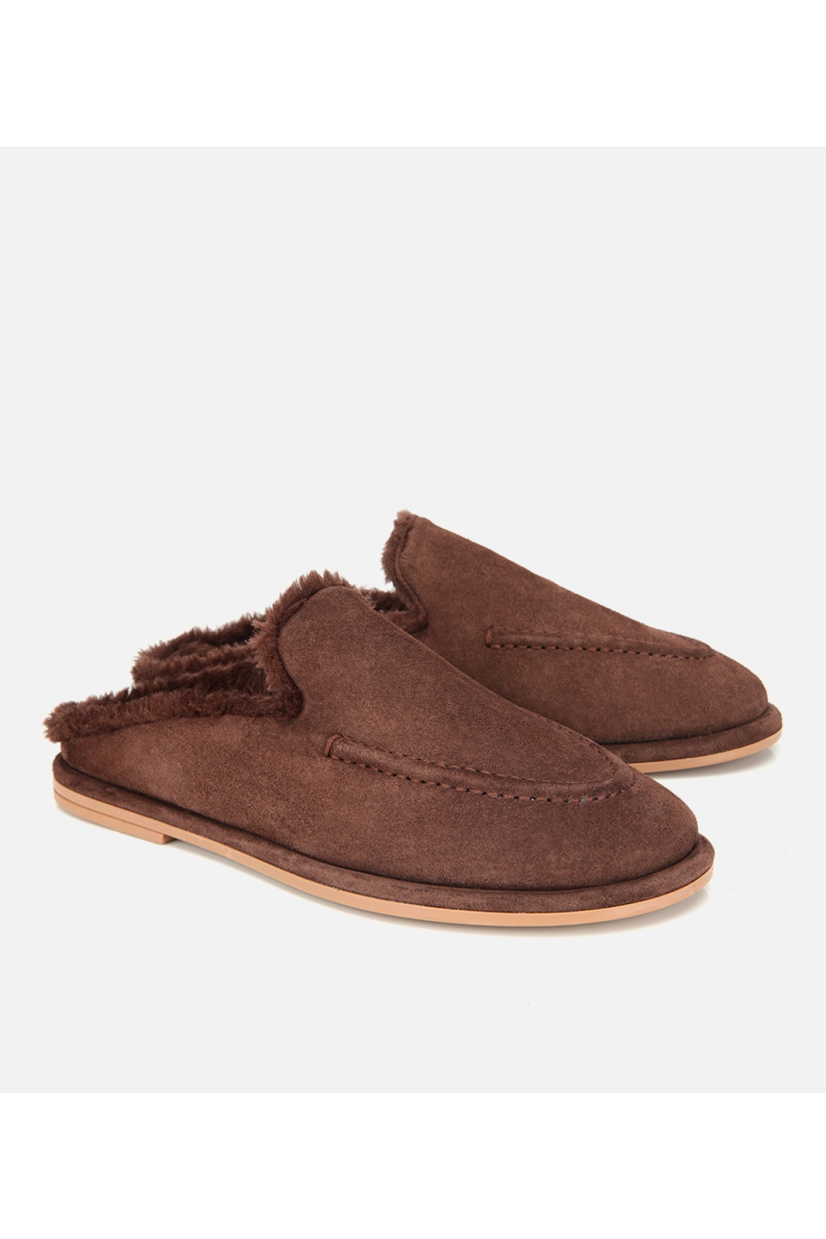 Kadın Süet Deri Kahverengi İçi Kürklü Düz Günlük Terlik - Görsel 3