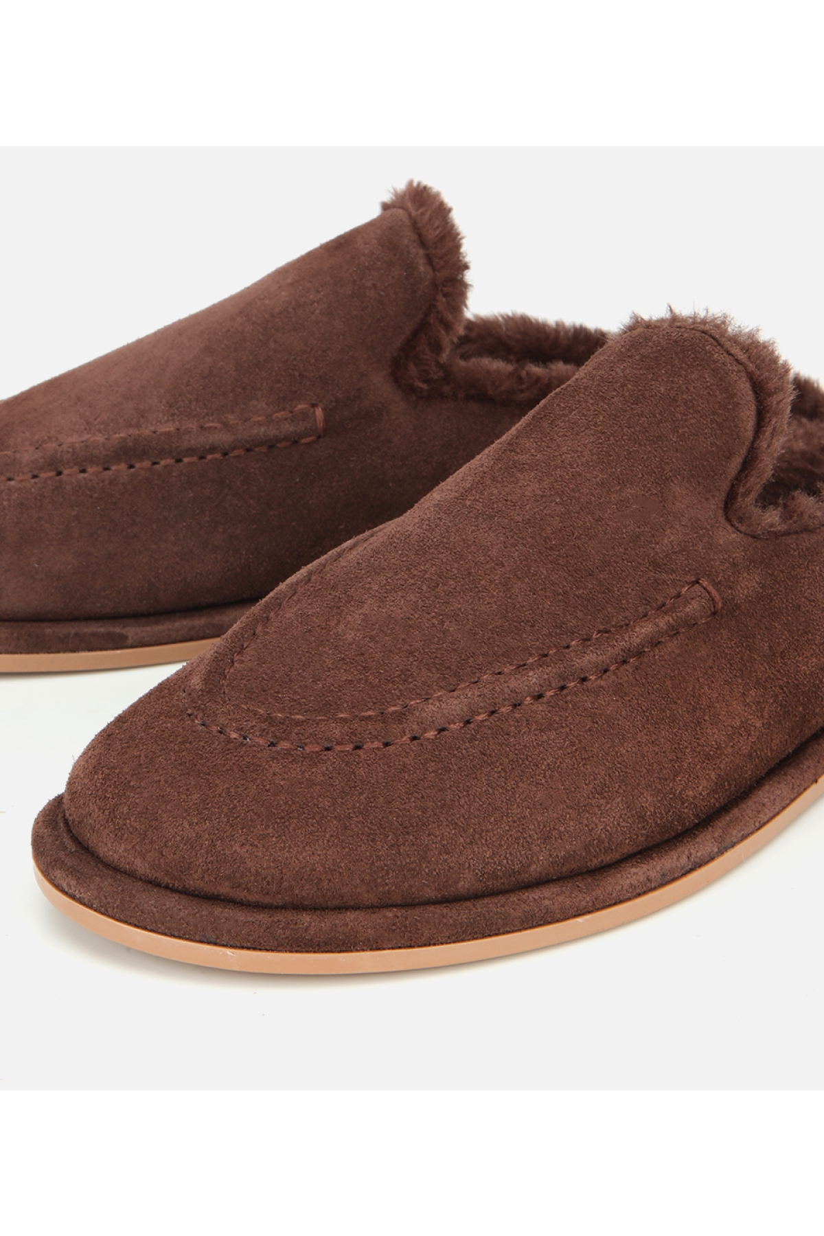 Kadın Süet Deri Kahverengi İçi Kürklü Düz Günlük Terlik - Görsel 4
