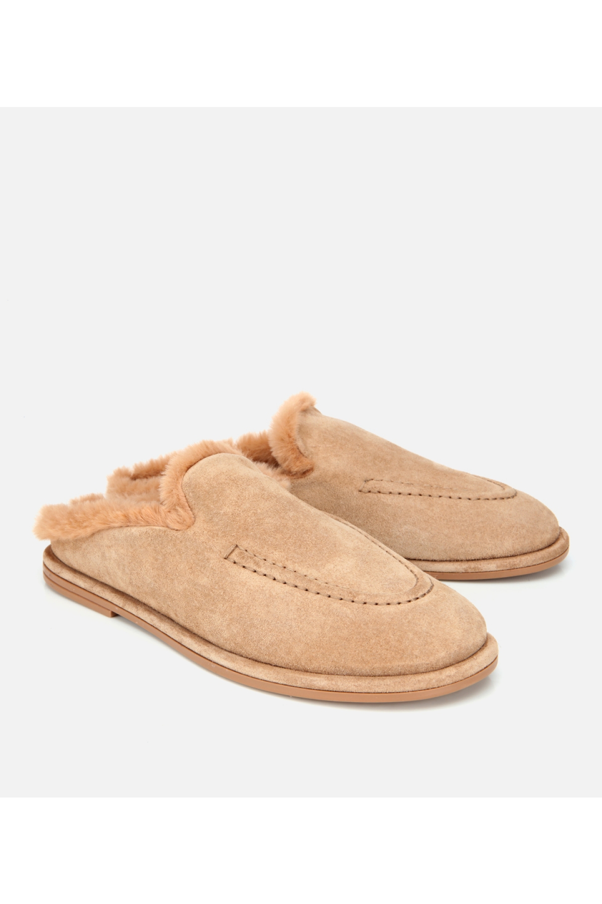 Kadın Süet Deri Bej İçi Kürklü Düz Günlük Terlik - Görsel 3