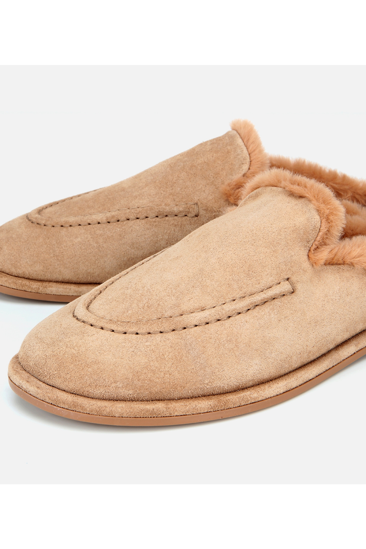 Kadın Süet Deri Bej İçi Kürklü Düz Günlük Terlik - Görsel 4
