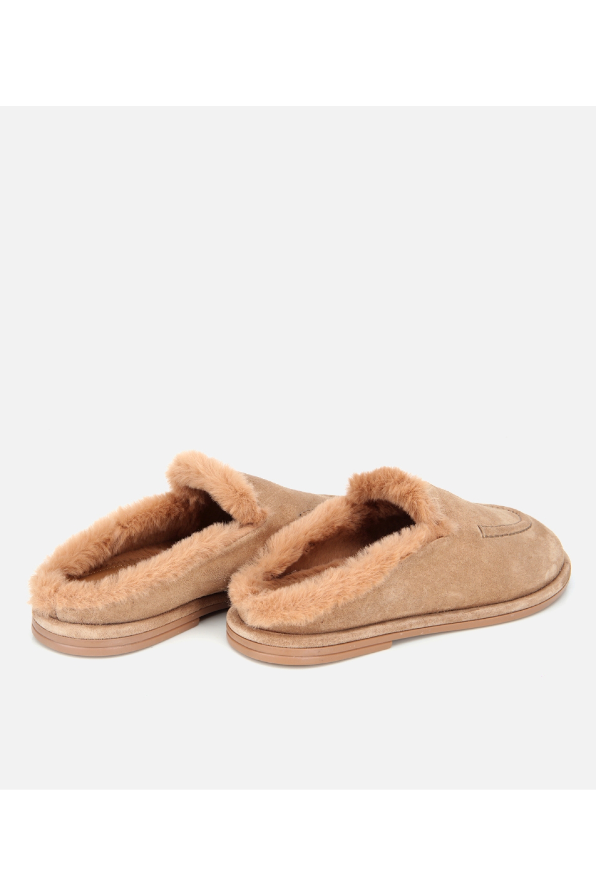 Kadın Süet Deri Bej İçi Kürklü Düz Günlük Terlik - Görsel 5