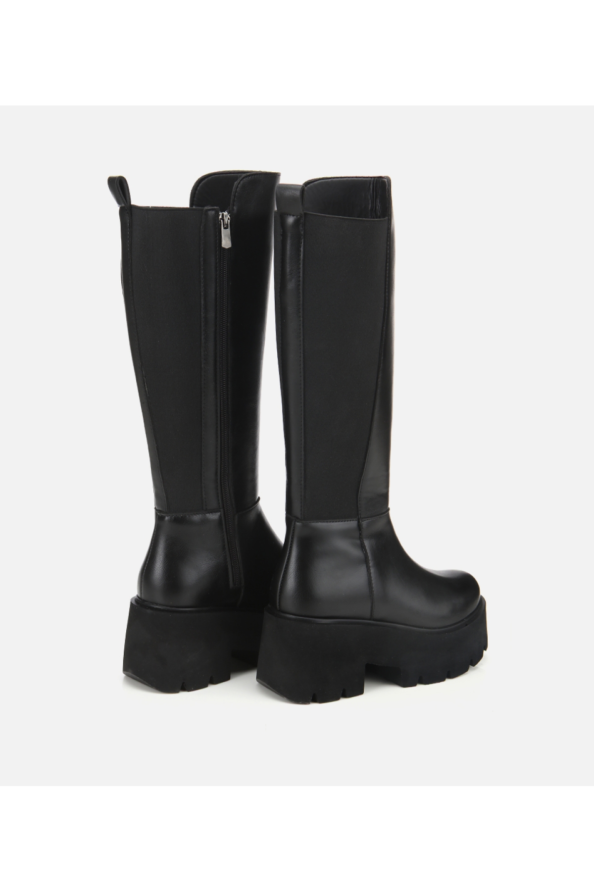 Kadın Siyah Streç Kalın Tabanlı Düz Çizme - Görsel 4