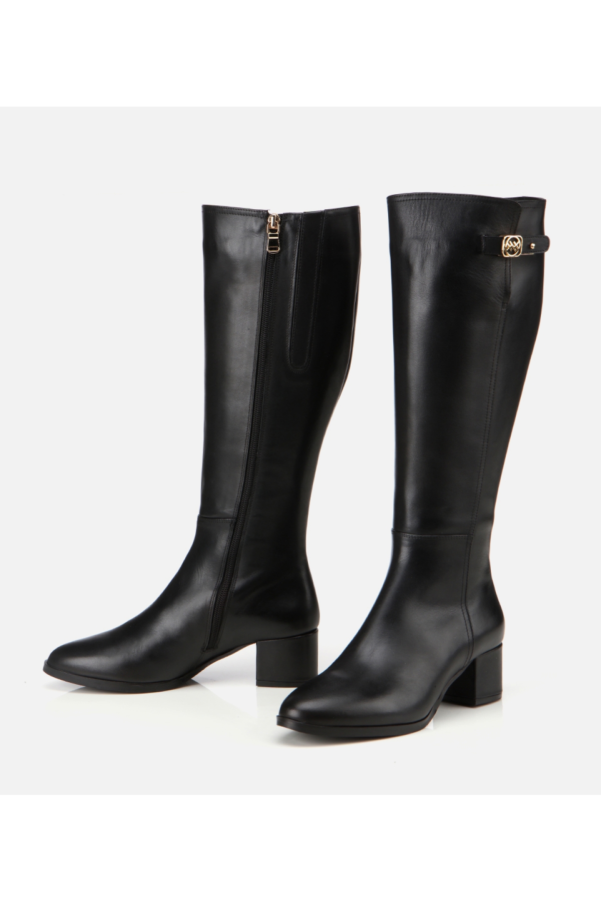 Kadın Deri Siyah Tokalı Topuklu Çizme - Görsel 4