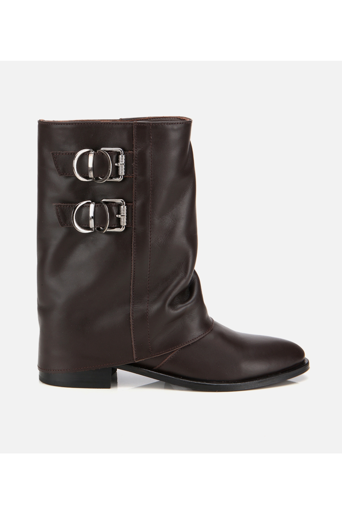 Hotiç Kadın Deri Kahverengi Tokalı Kırışık Görünümlü Kovboy/Western Düz Bot model görseli