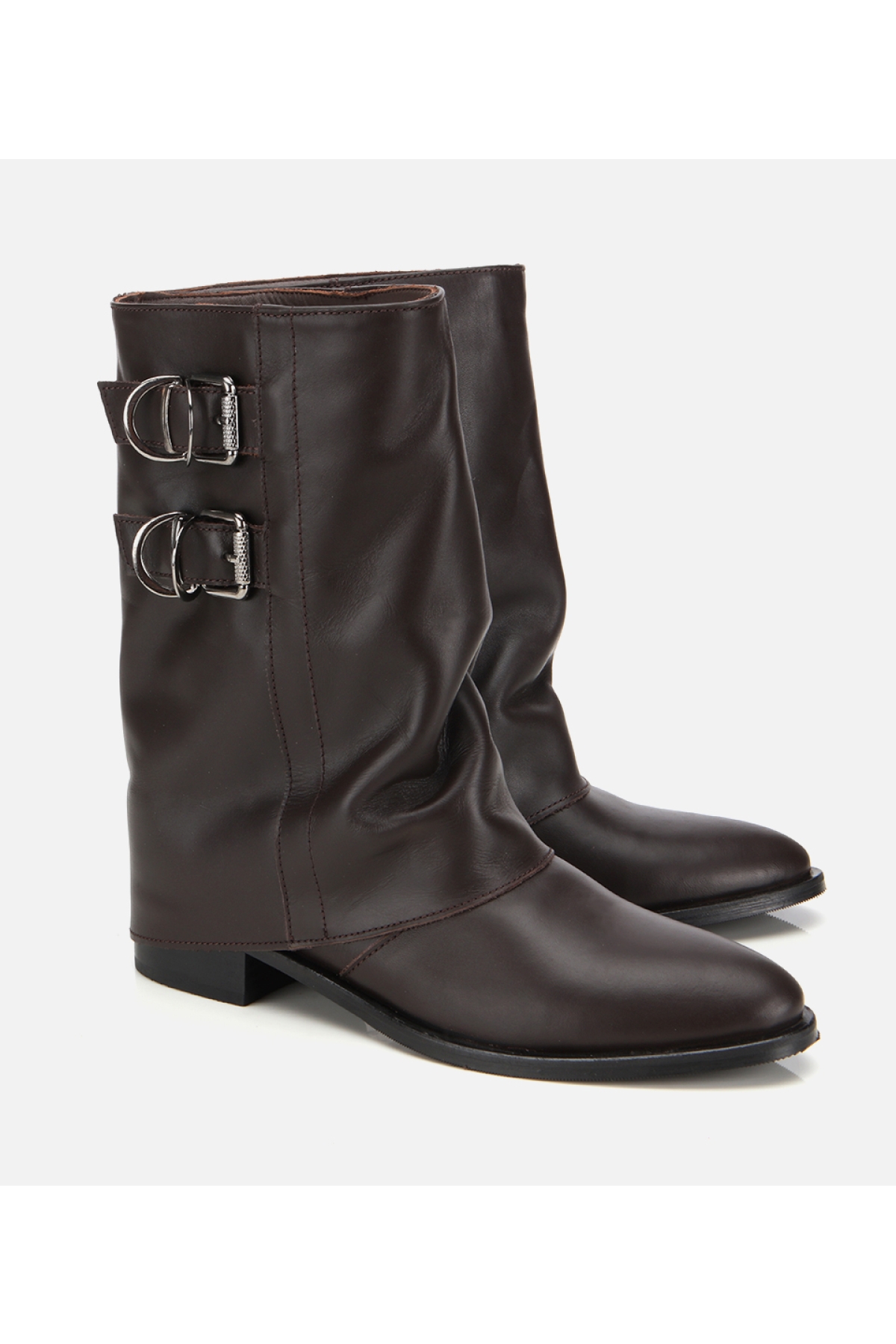 Kadın Deri Kahverengi Tokalı Kırışık Görünümlü Kovboy/Western Düz Bot - Görsel 2