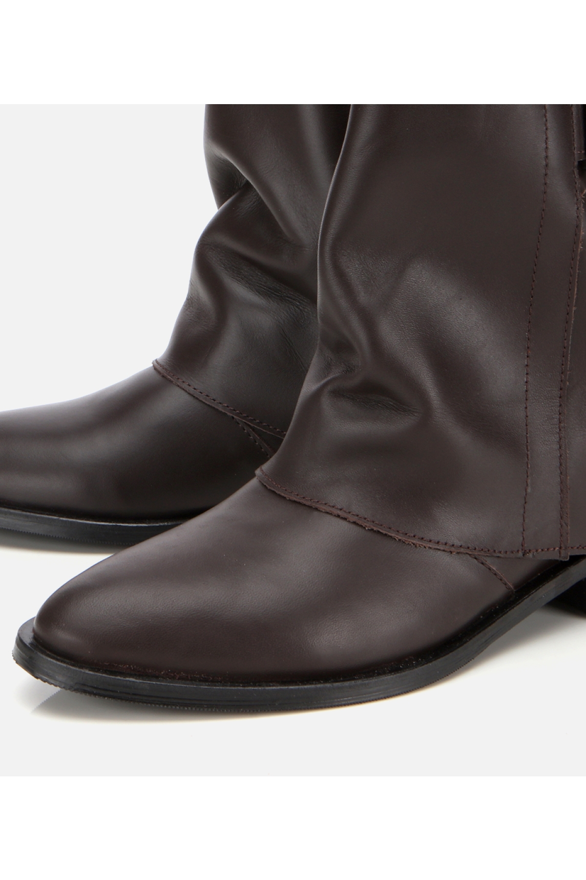 Kadın Deri Kahverengi Tokalı Kırışık Görünümlü Kovboy/Western Düz Bot - Görsel 3