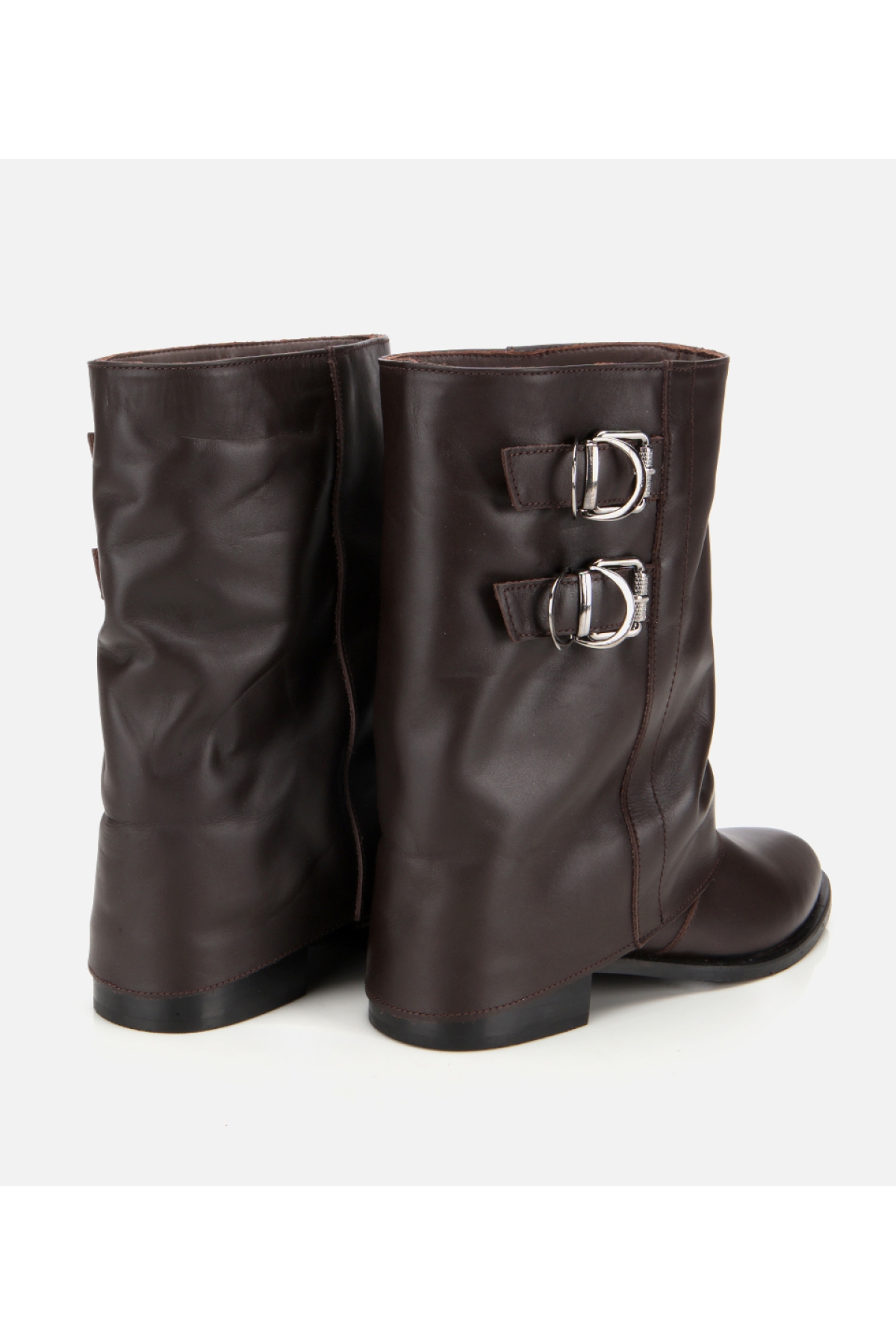 Kadın Deri Kahverengi Tokalı Kırışık Görünümlü Kovboy/Western Düz Bot - Görsel 4