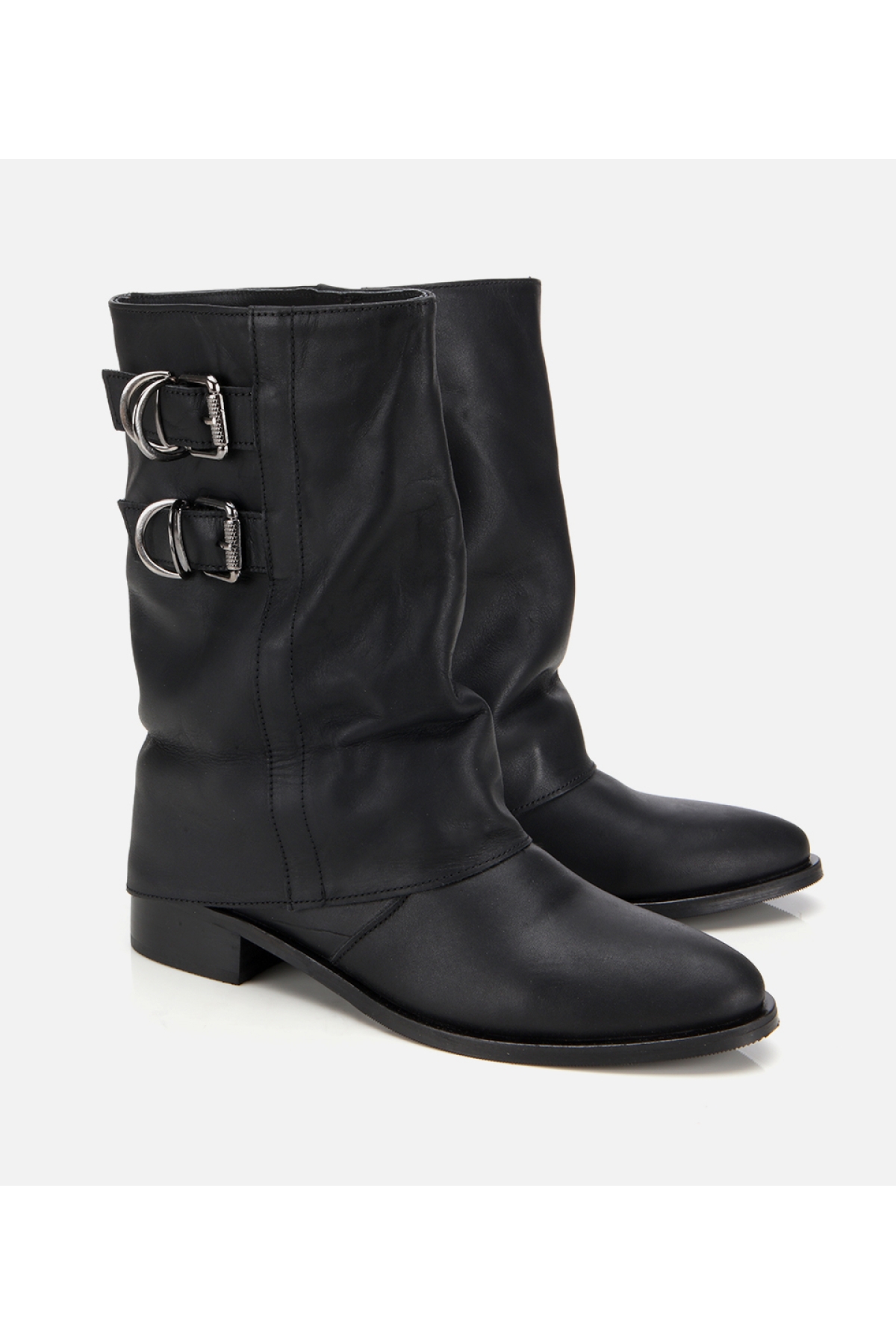 Kadın Deri Siyah Tokalı Kırışık Görünümlü Kovboy/Western Düz Bot - Görsel 2