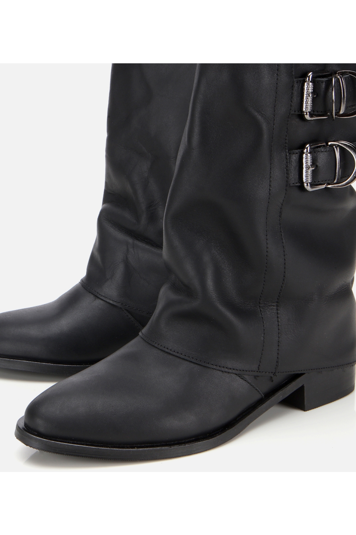 Kadın Deri Siyah Tokalı Kırışık Görünümlü Kovboy/Western Düz Bot - Görsel 3