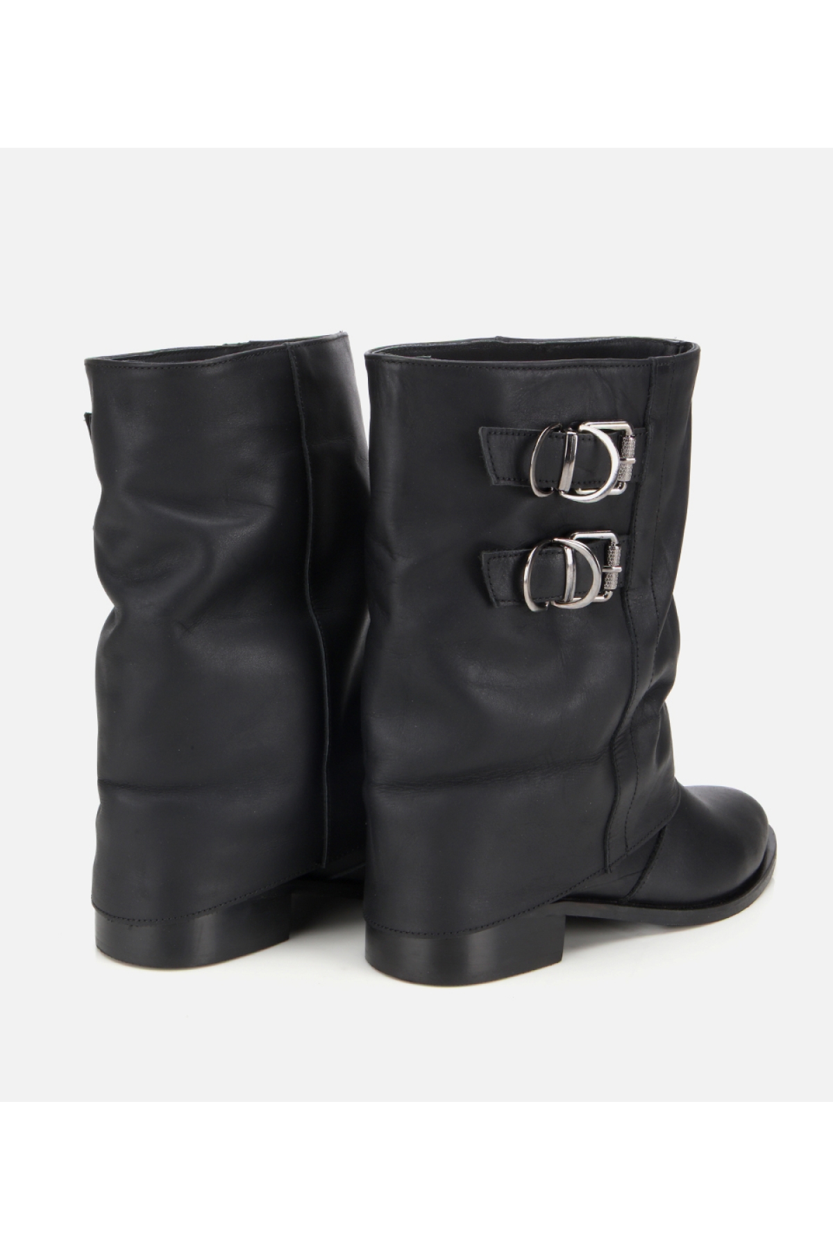 Kadın Deri Siyah Tokalı Kırışık Görünümlü Kovboy/Western Düz Bot - Görsel 4