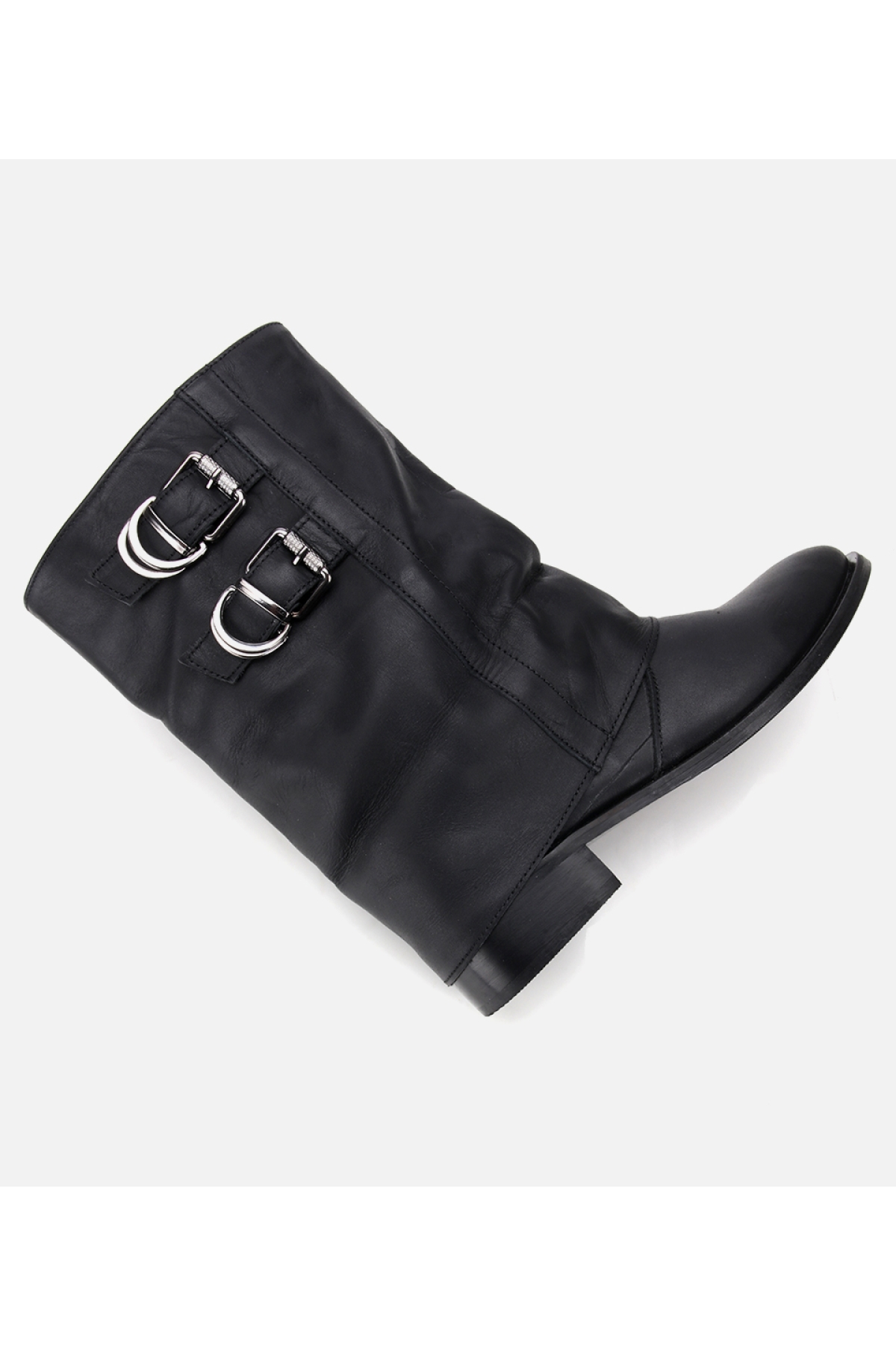 Kadın Deri Siyah Tokalı Kırışık Görünümlü Kovboy/Western Düz Bot - Görsel 6