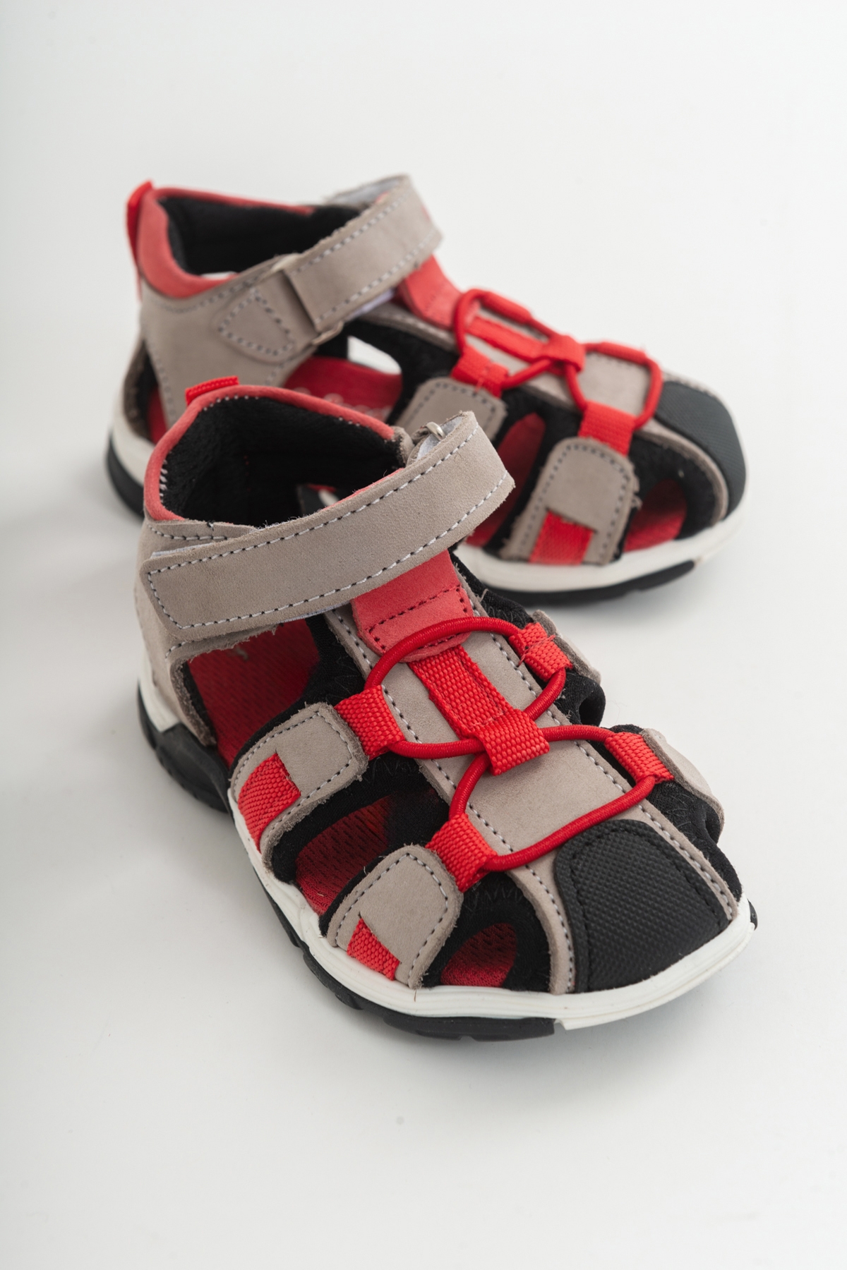 Unisex Çocuk Gri-Kırmızı Deri Ortopedik Outdoor Çocuk Sandalet - Görsel 2