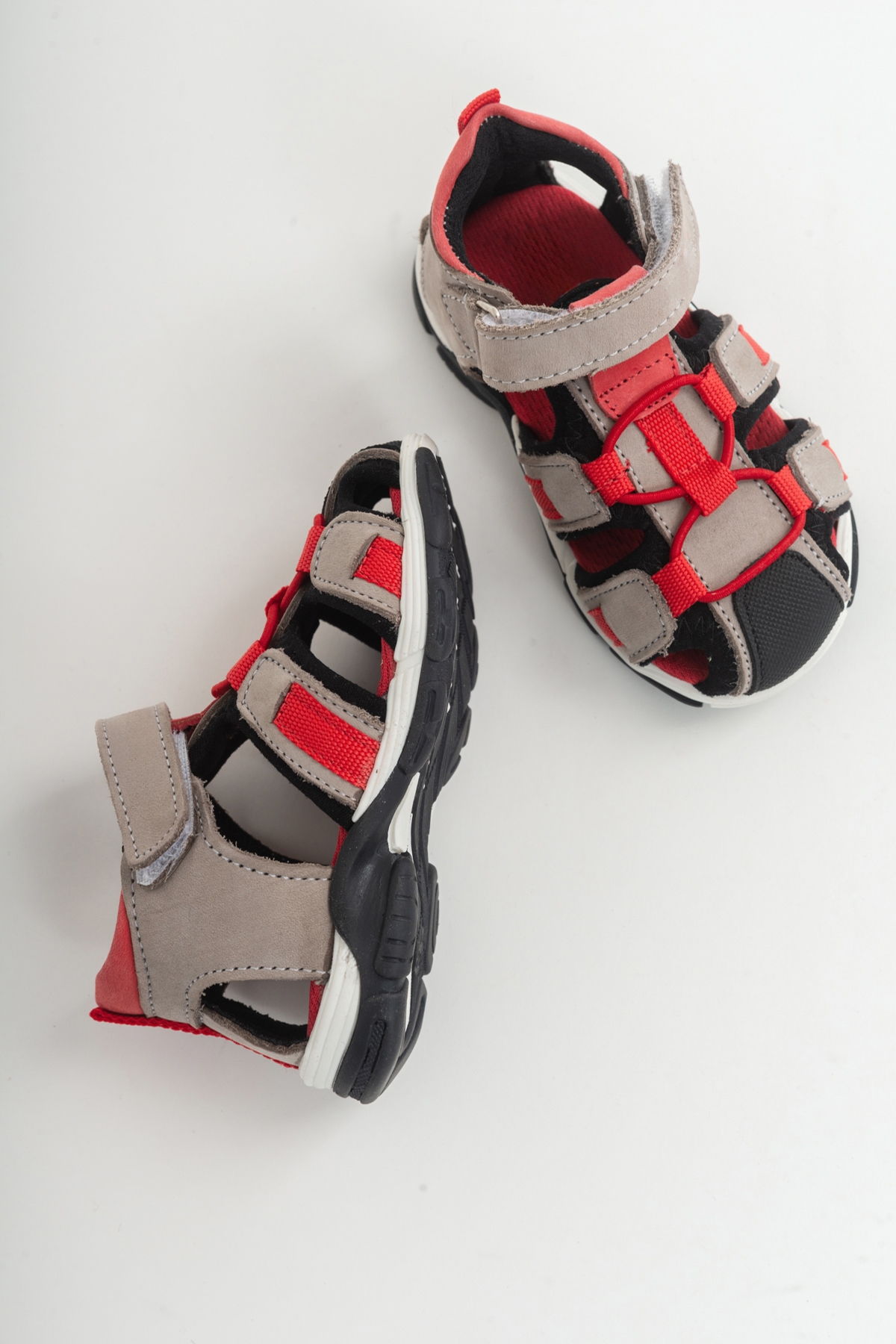 Unisex Çocuk Gri-Kırmızı Deri Ortopedik Outdoor Çocuk Sandalet - Görsel 5