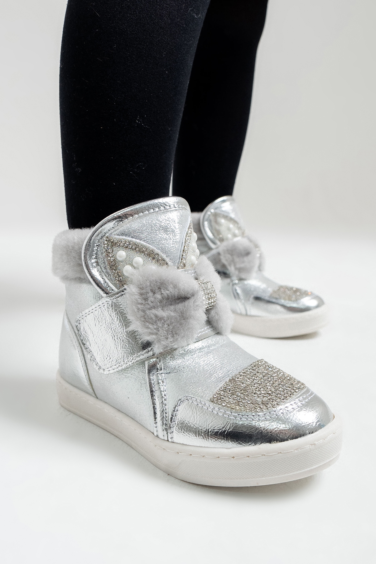 Kız Çocuk Gümüş Suni Deri Anatomik Taşlı Günlük Bot - Görsel 6