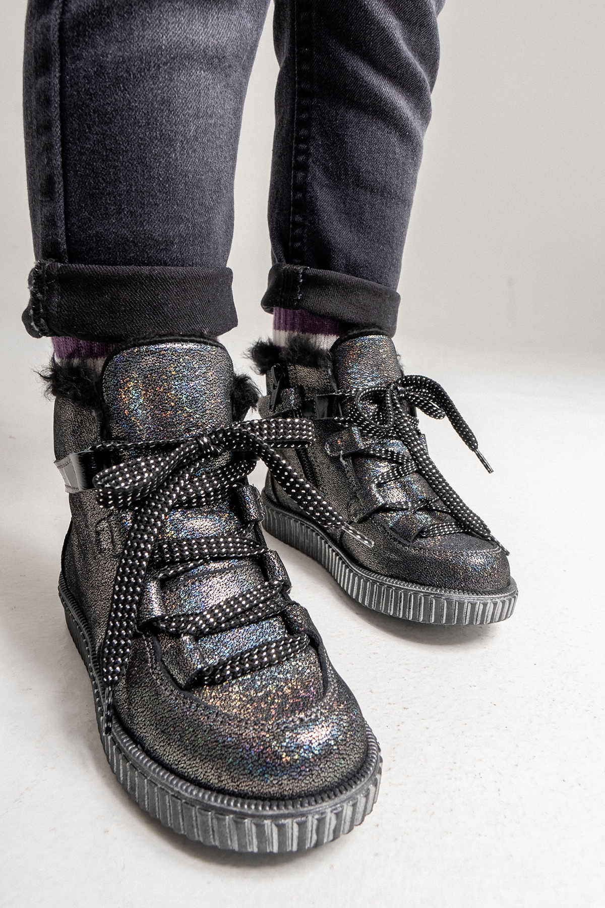 Kız Çocuk Siyah Simli Hakiki Deri Anatomik Günlük Bot - Görsel 5