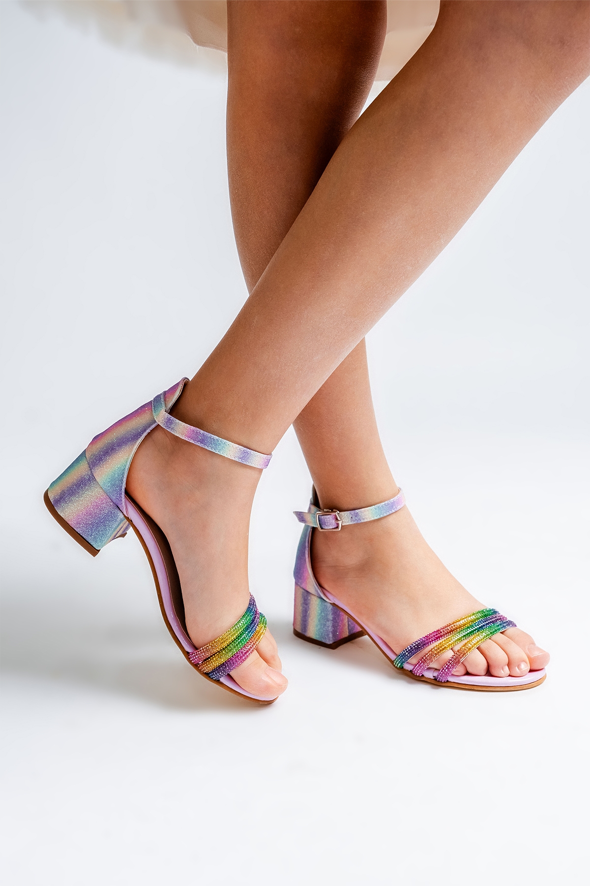 Kız Çocuk Gökkuşağı Taşlı Topuklu Abiye Ayakkabı - Görsel 4