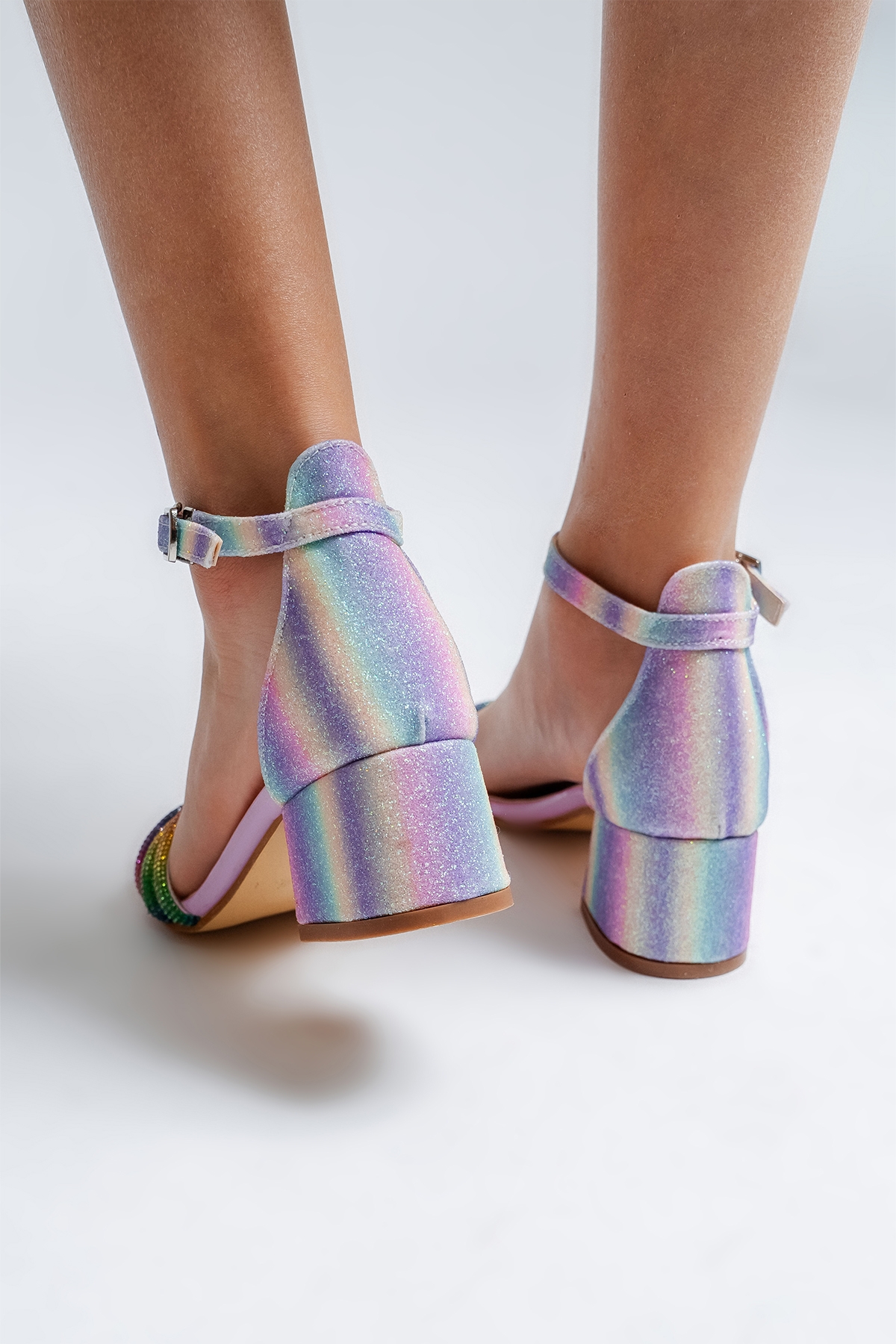 Kız Çocuk Gökkuşağı Taşlı Topuklu Abiye Ayakkabı - Görsel 6