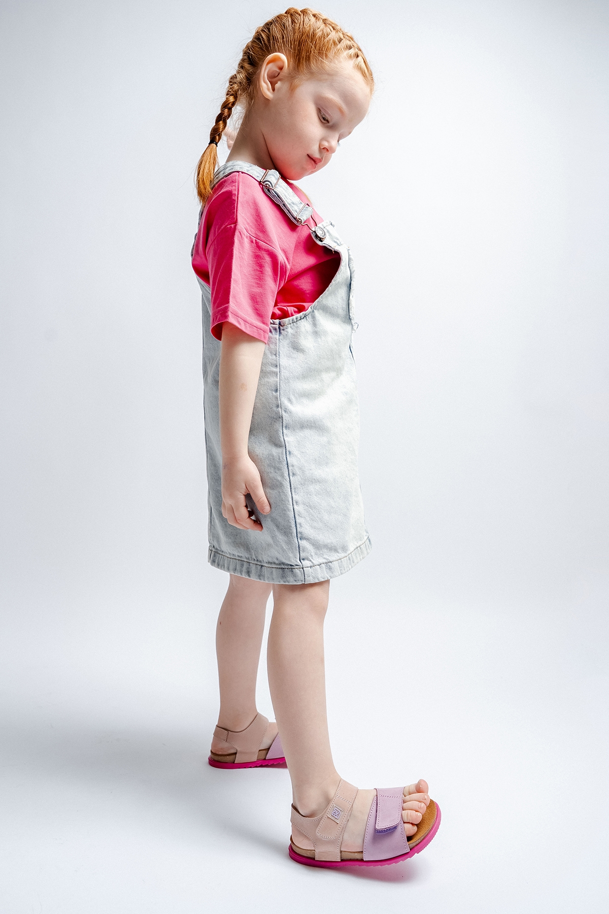 Unisex Çocuk Lila-Pembe Hakiki Deri Mantar Tabanlı Günlük Çocuk Sandalet - Görsel 3