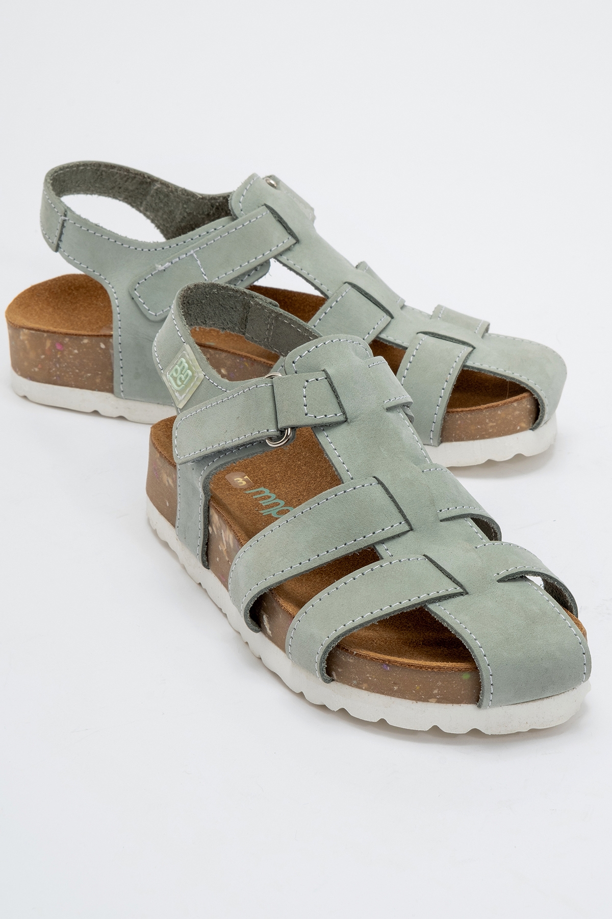 Unisex Çocuk Su Yeşili Hakiki Deri Mantar Tabanlı Günlük Çocuk Sandalet - Görsel 2