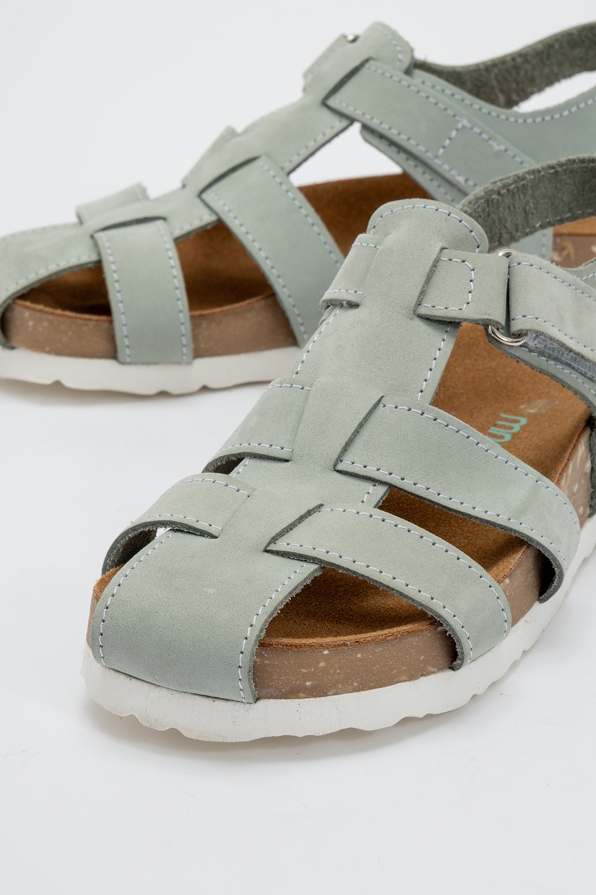 Unisex Çocuk Su Yeşili Hakiki Deri Mantar Tabanlı Günlük Çocuk Sandalet - Görsel 3