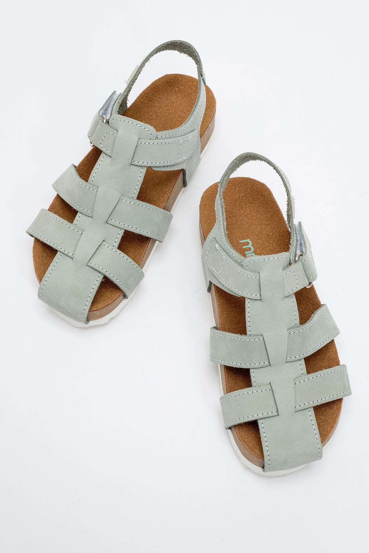 Unisex Çocuk Su Yeşili Hakiki Deri Mantar Tabanlı Günlük Çocuk Sandalet - Görsel 4