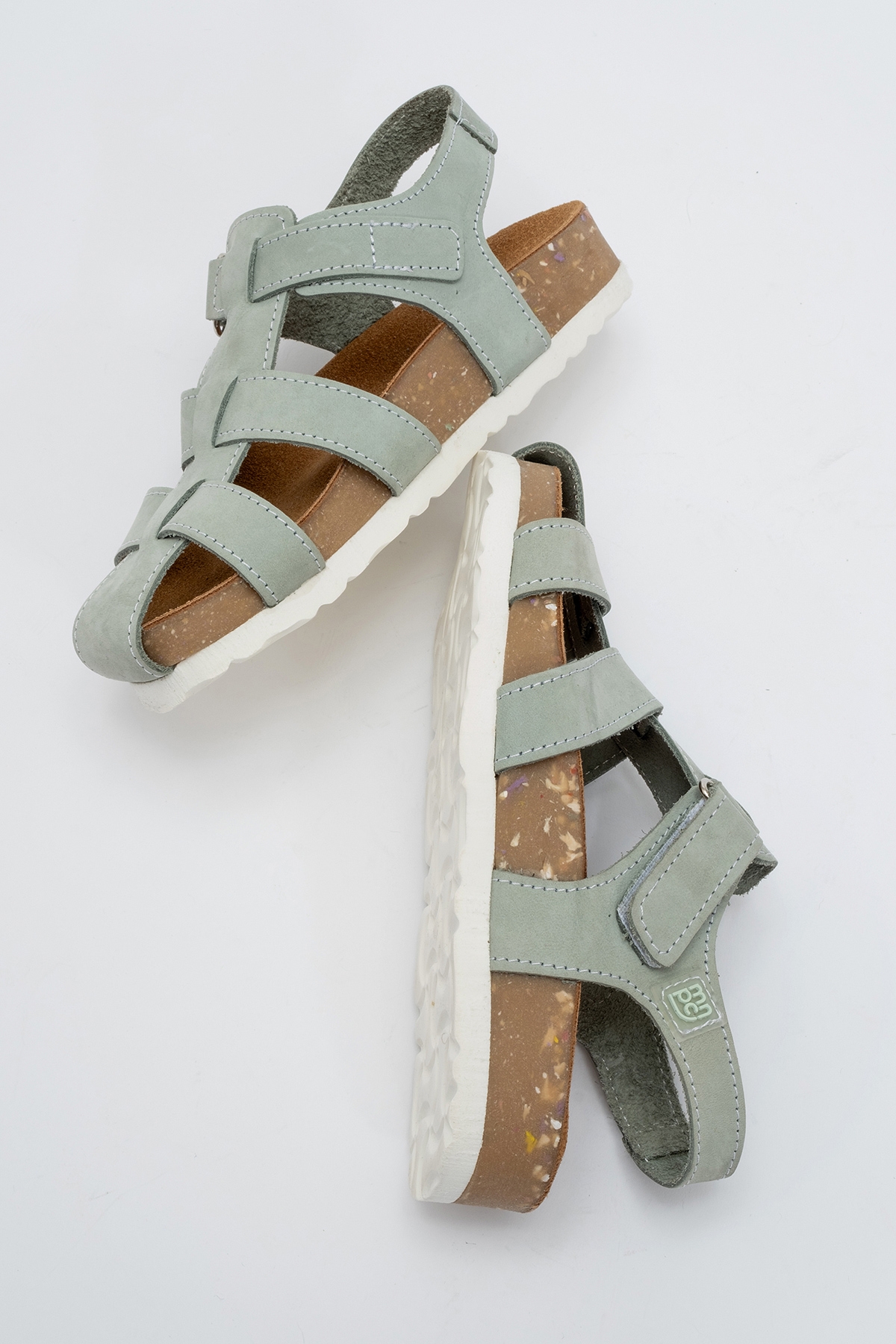 Unisex Çocuk Su Yeşili Hakiki Deri Mantar Tabanlı Günlük Çocuk Sandalet - Görsel 5