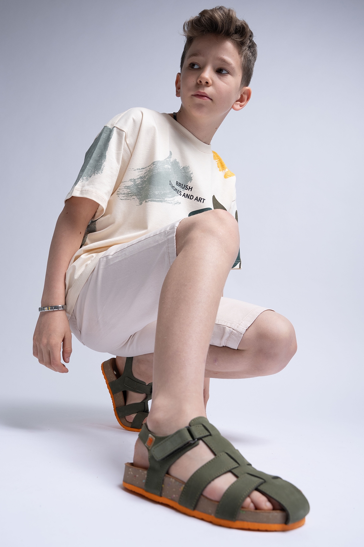 Unisex Çocuk Haki Hakiki Deri Mantar Tabanlı Günlük Çocuk Sandalet - Görsel 2