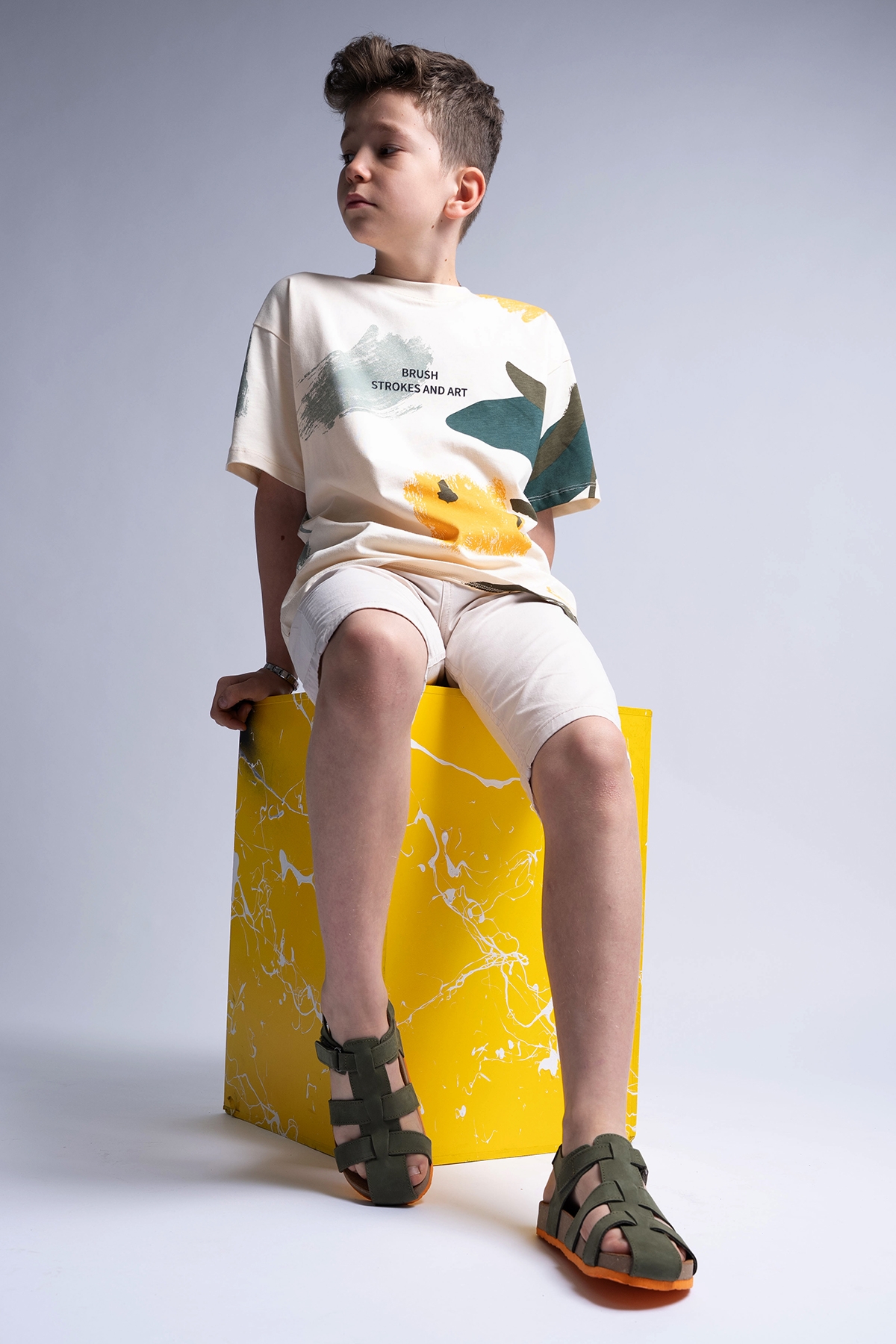 Unisex Çocuk Haki Hakiki Deri Mantar Tabanlı Günlük Çocuk Sandalet - Görsel 3