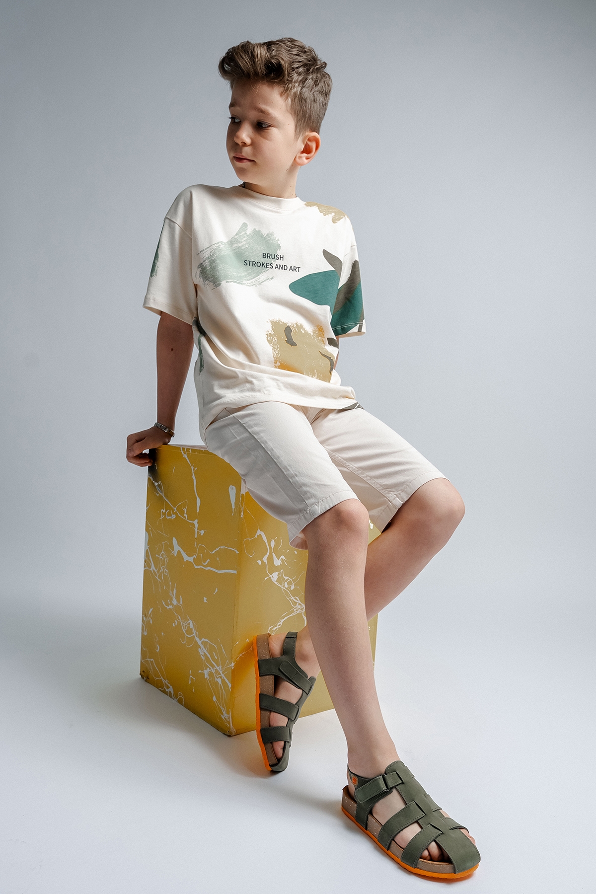 Unisex Çocuk Haki Hakiki Deri Mantar Tabanlı Günlük Çocuk Sandalet - Görsel 4