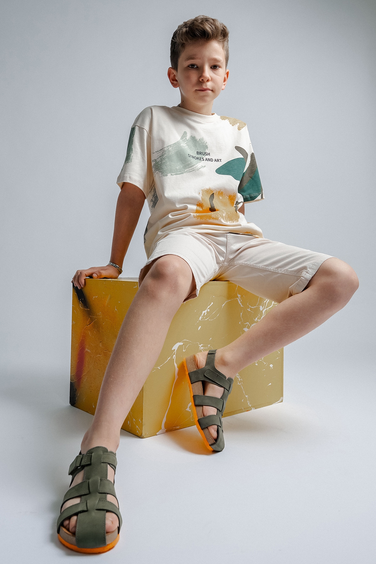 Unisex Çocuk Haki Hakiki Deri Mantar Tabanlı Günlük Çocuk Sandalet - Görsel 5