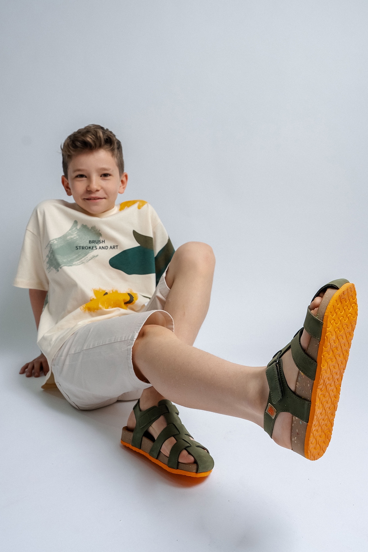 Unisex Çocuk Haki Hakiki Deri Mantar Tabanlı Günlük Çocuk Sandalet - Görsel 6