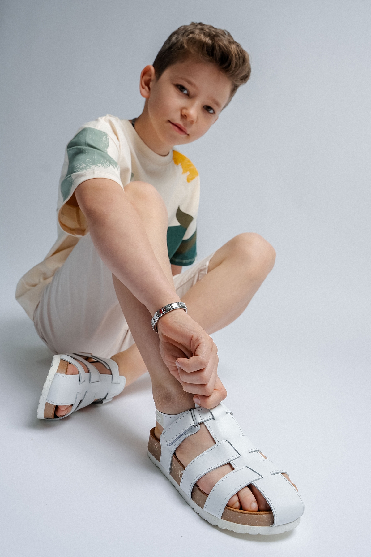 Unisex Çocuk Beyaz Hakiki Deri Mantar Tabanlı Günlük Çocuk Sandalet - Görsel 2
