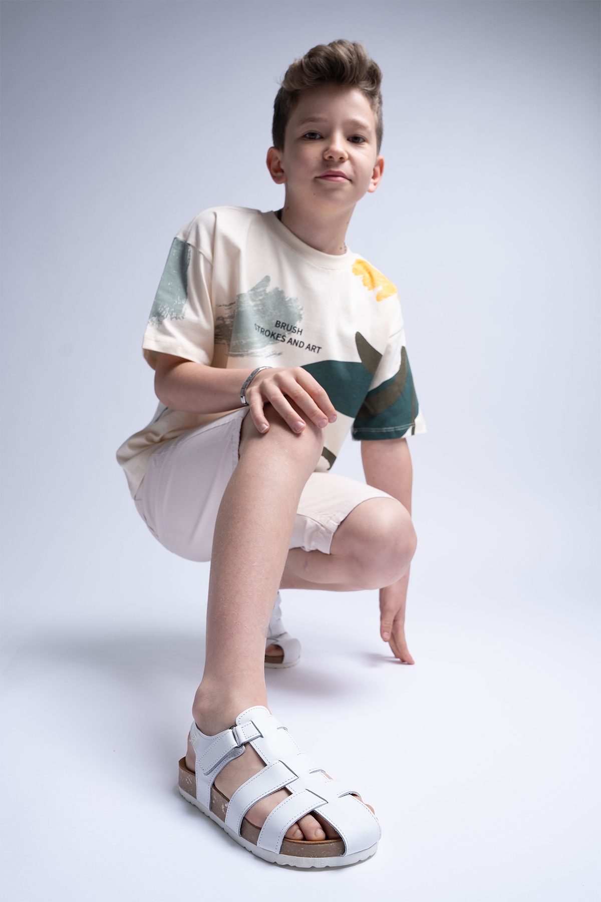 Unisex Çocuk Beyaz Hakiki Deri Mantar Tabanlı Günlük Çocuk Sandalet - Görsel 3