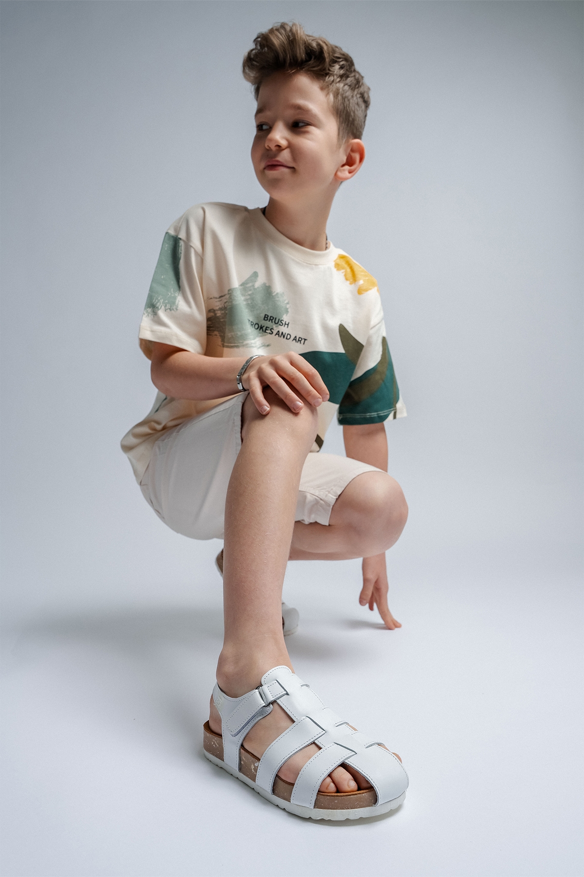 Unisex Çocuk Beyaz Hakiki Deri Mantar Tabanlı Günlük Çocuk Sandalet - Görsel 4