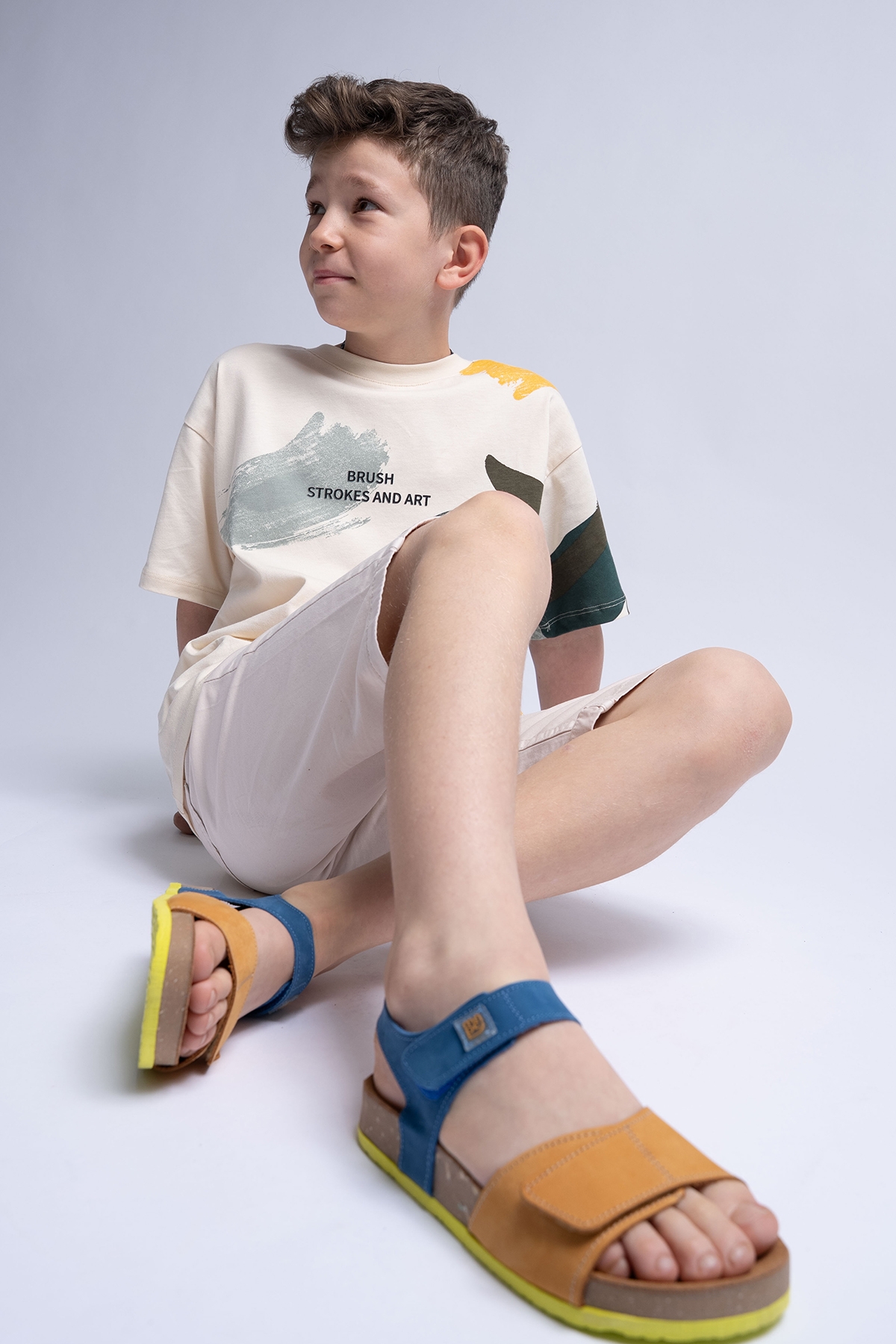 Unisex Çocuk Sarı-Saks Hakiki Deri Mantar Tabanlı Günlük Çocuk Sandalet - Görsel 2