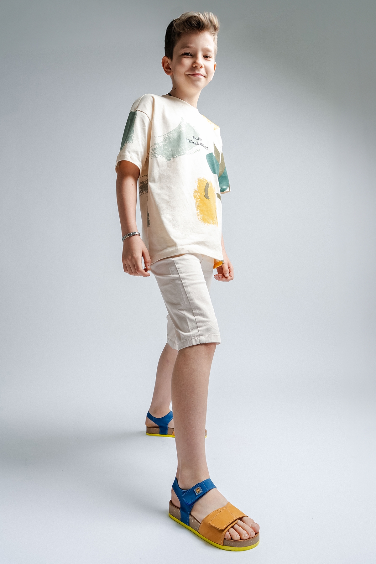 Unisex Çocuk Sarı-Saks Hakiki Deri Mantar Tabanlı Günlük Çocuk Sandalet - Görsel 3