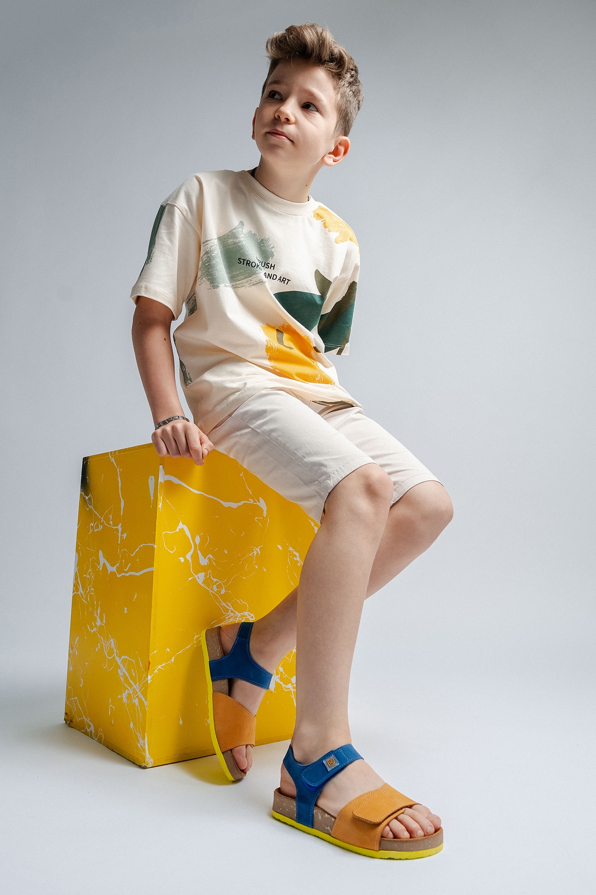 Unisex Çocuk Sarı-Saks Hakiki Deri Mantar Tabanlı Günlük Çocuk Sandalet - Görsel 4