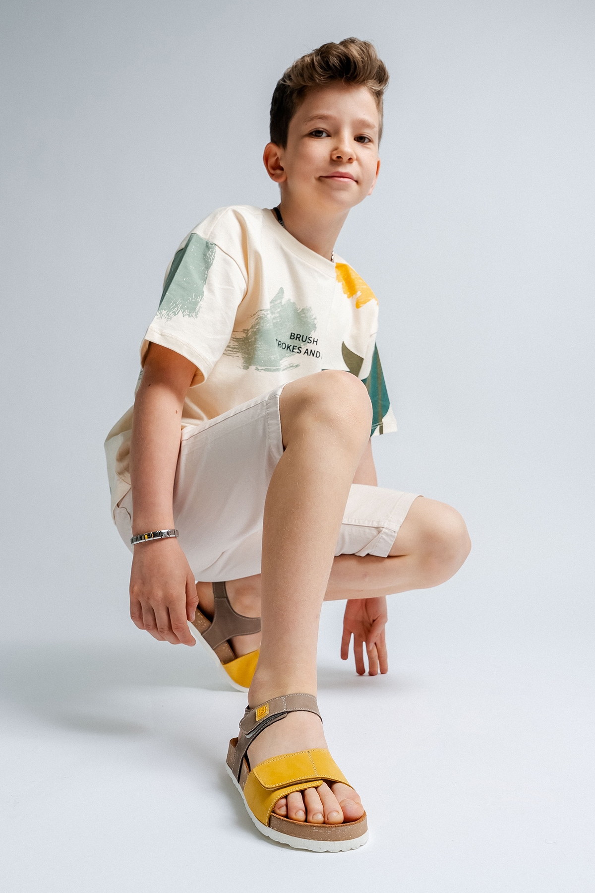 Unisex Çocuk Gri-Sarı Hakiki Deri Mantar Tabanlı Günlük Çocuk Sandalet - Görsel 5