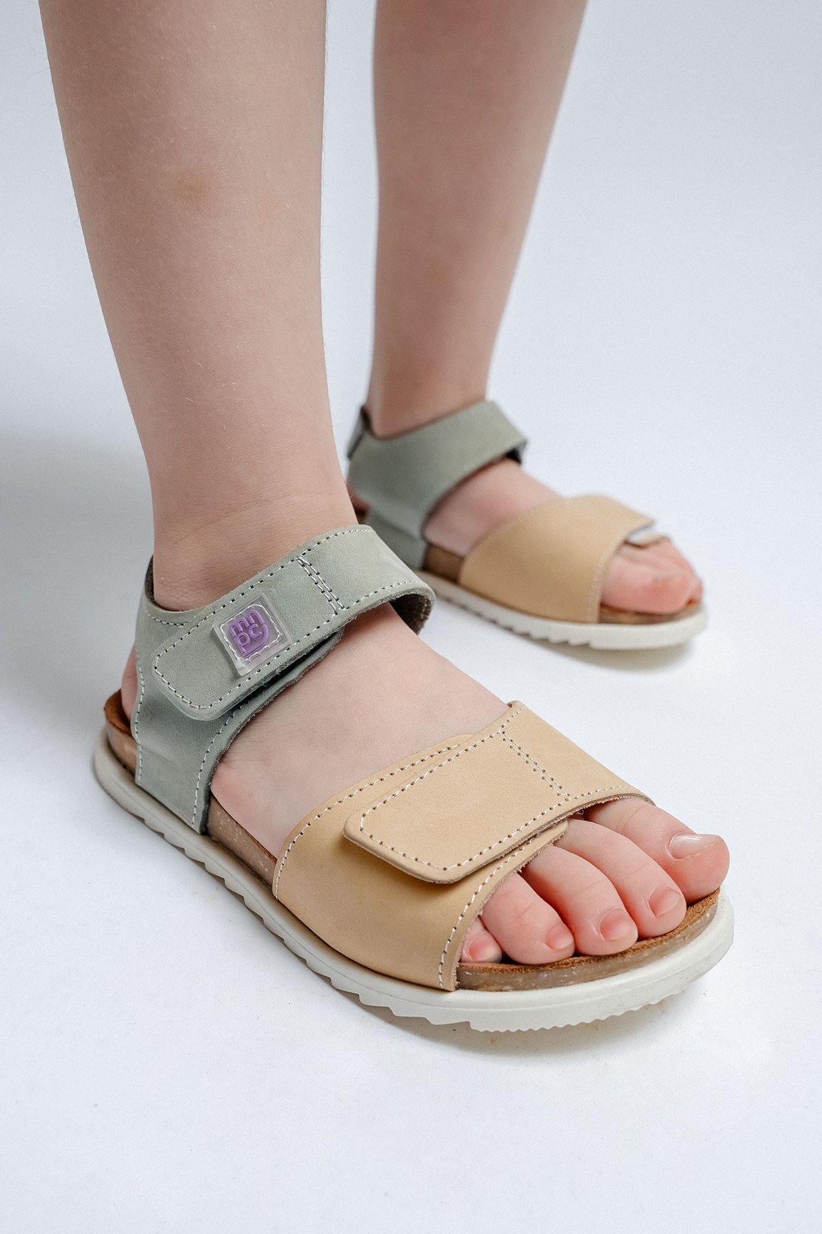 Unisex Çocuk Sarı-Su Yeşili Hakiki Deri Mantar Tabanlı Günlük Çocuk Sandalet - Görsel 6