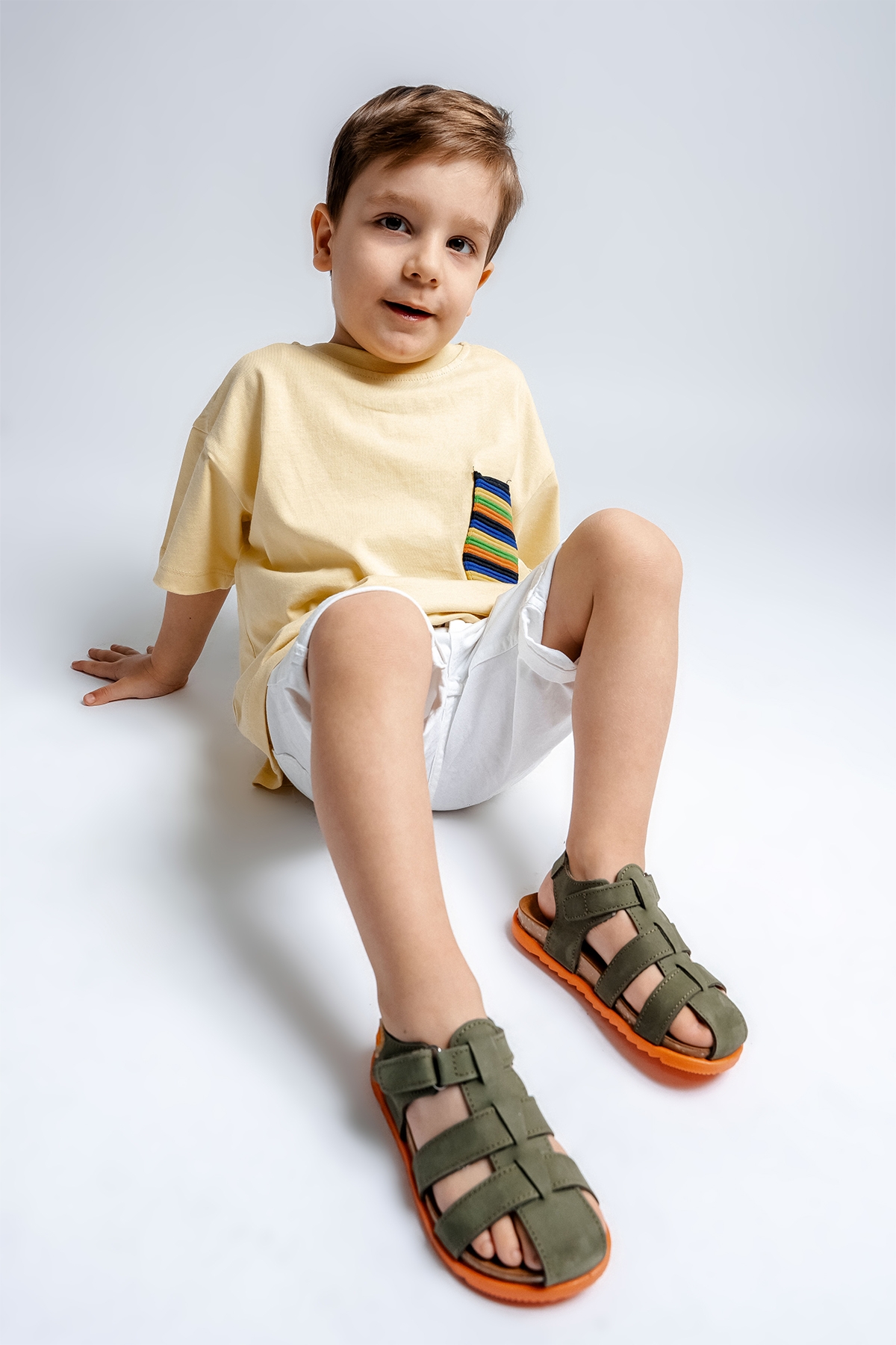 Unisex Çocuk Haki Hakiki Deri Mantar Tabanlı Günlük Çocuk Sandalet - Görsel 3